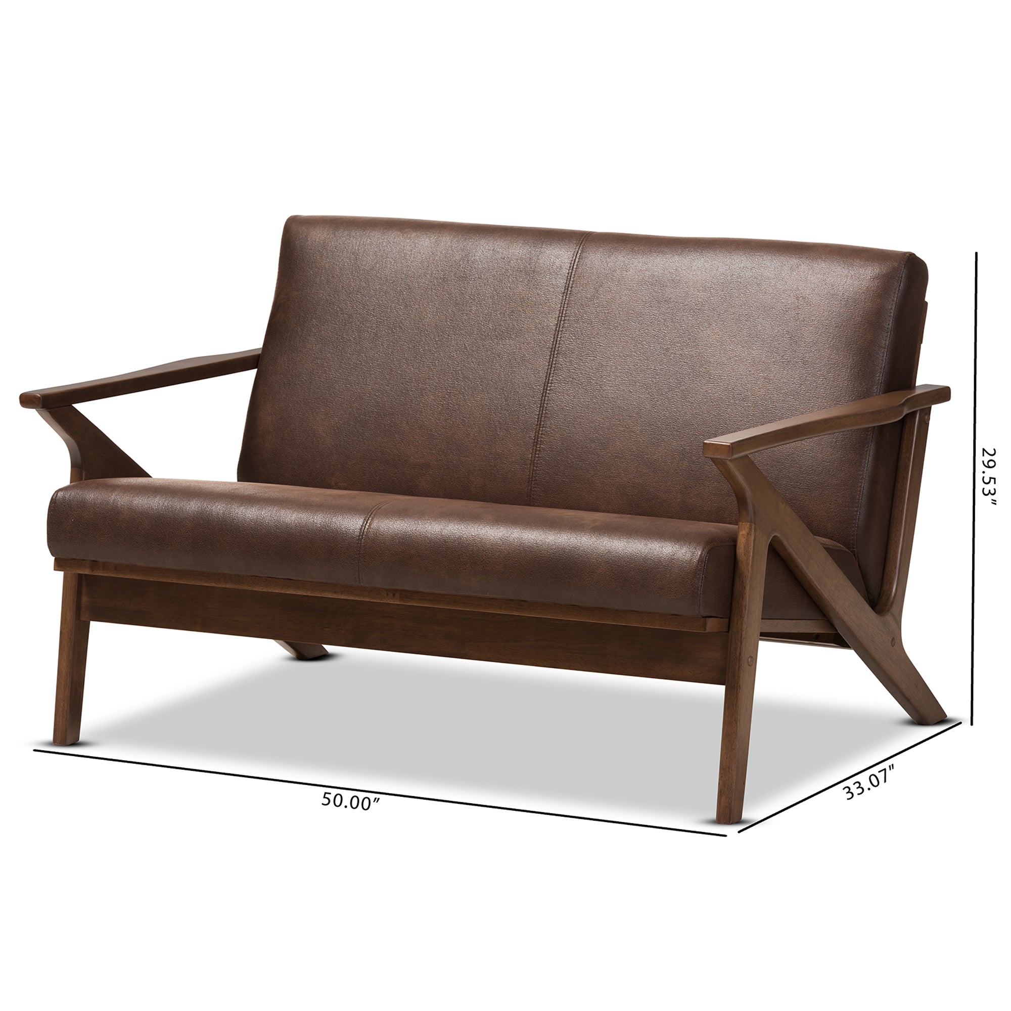 Bianca Mid-Century Modern Walnut Wood Dark Brown Distressed Faux Leather 2-Seater Loveseat