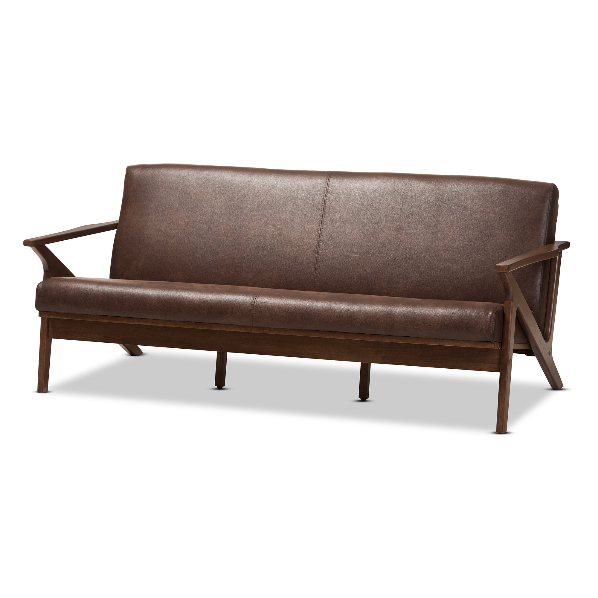 Bianca Mid-Century Modern Walnut Wood Dark Brown Distressed Faux Leather 3-Seater Sofa