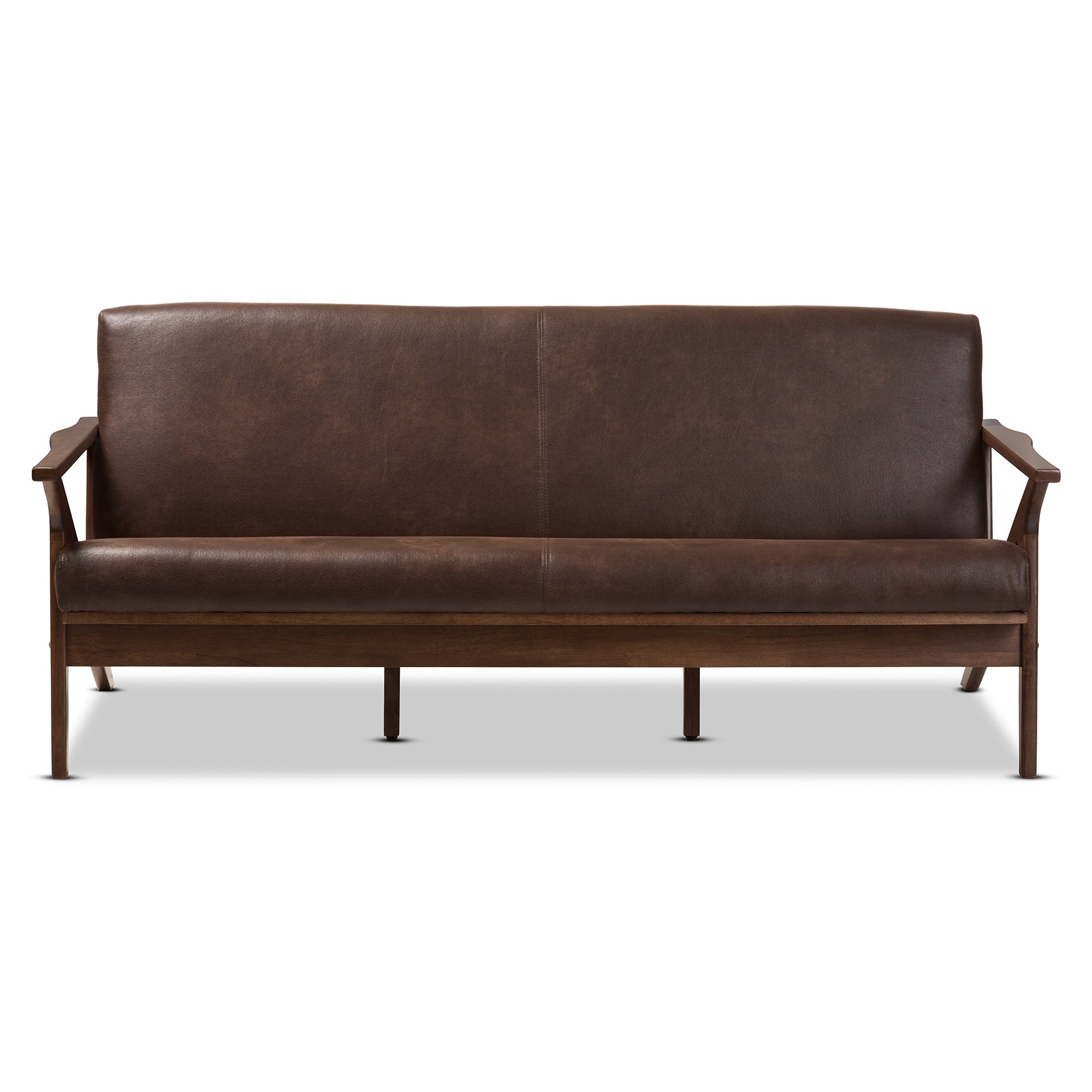 Bianca Mid-Century Modern Walnut Wood Dark Brown Distressed Faux Leather 3-Seater Sofa