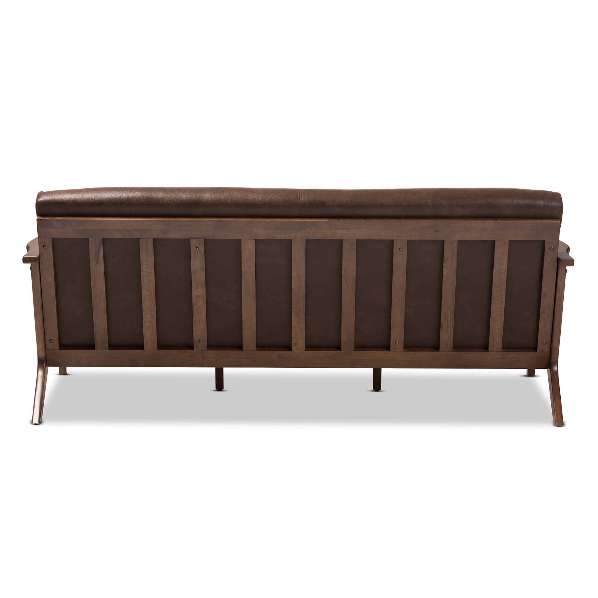 Bianca Mid-Century Modern Walnut Wood Dark Brown Distressed Faux Leather 3-Seater Sofa