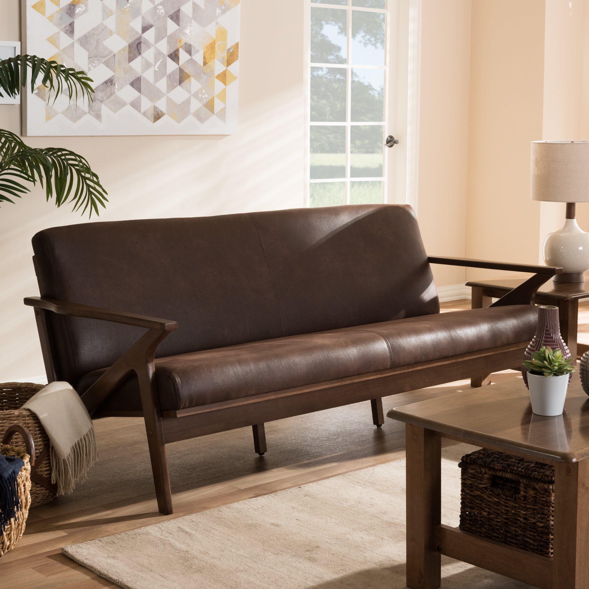 Bianca Mid-Century Modern Walnut Wood Dark Brown Distressed Faux Leather 3-Seater Sofa