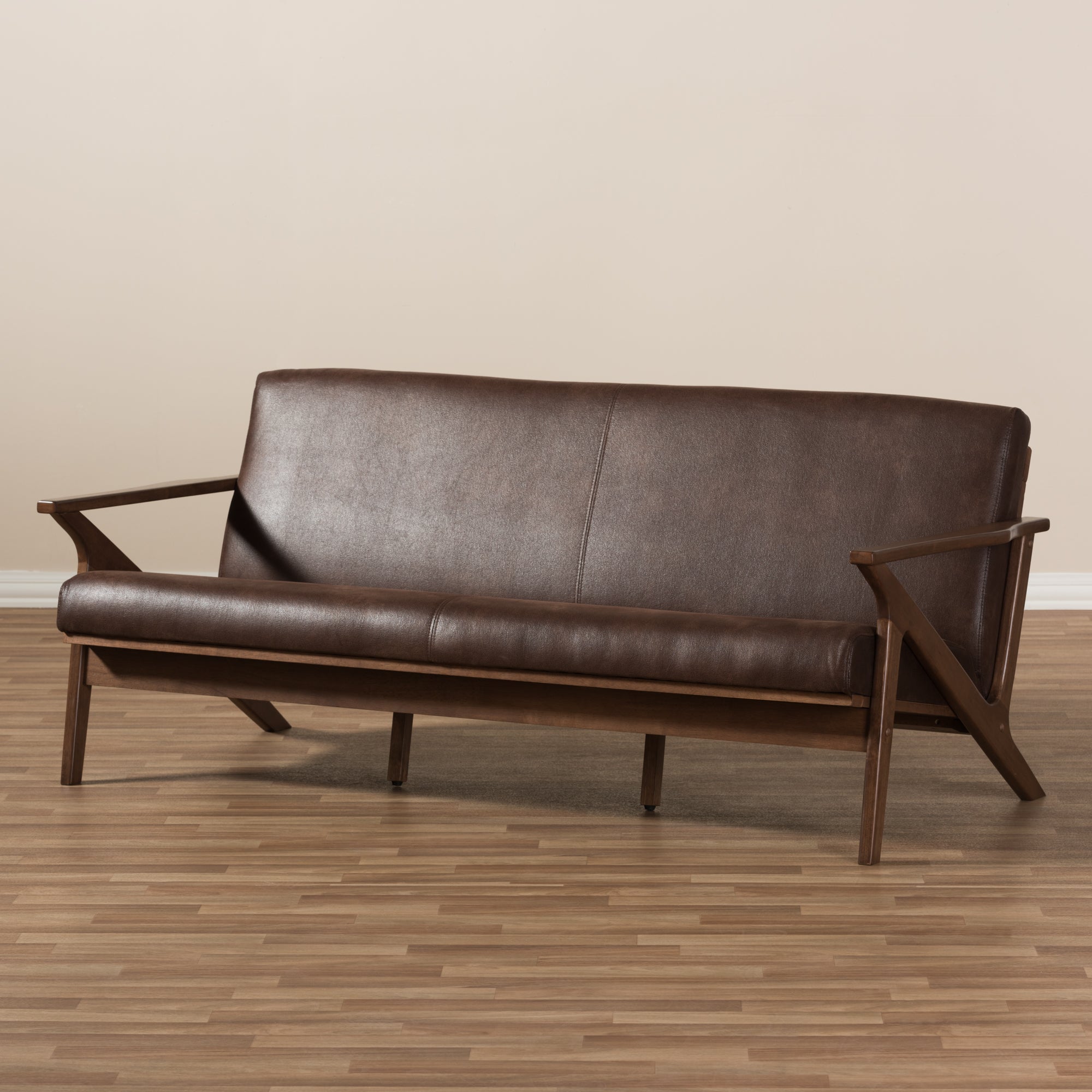 Bianca Mid-Century Modern Walnut Wood Dark Brown Distressed Faux Leather 3-Seater Sofa