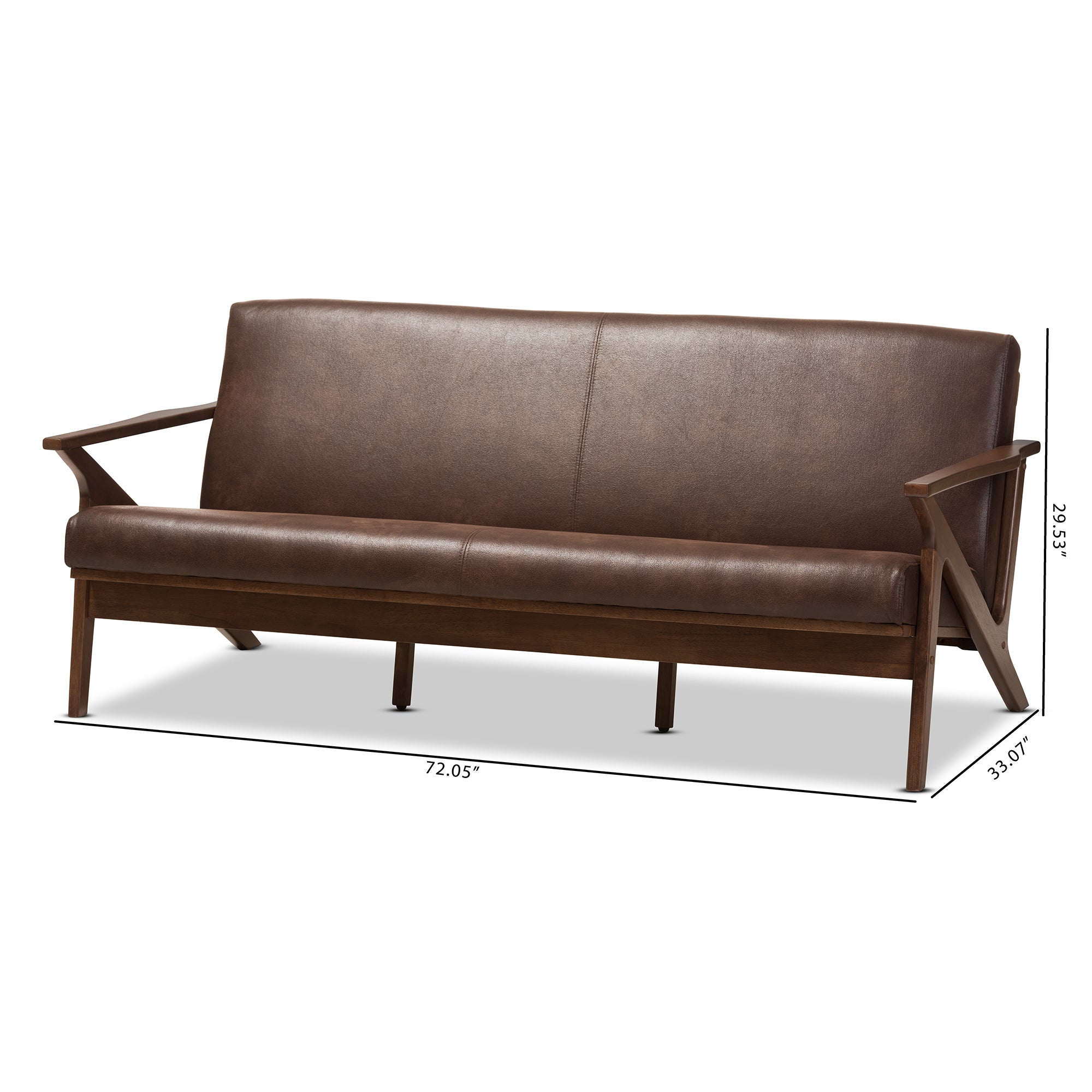 Bianca Mid-Century Modern Walnut Wood Dark Brown Distressed Faux Leather 3-Seater Sofa
