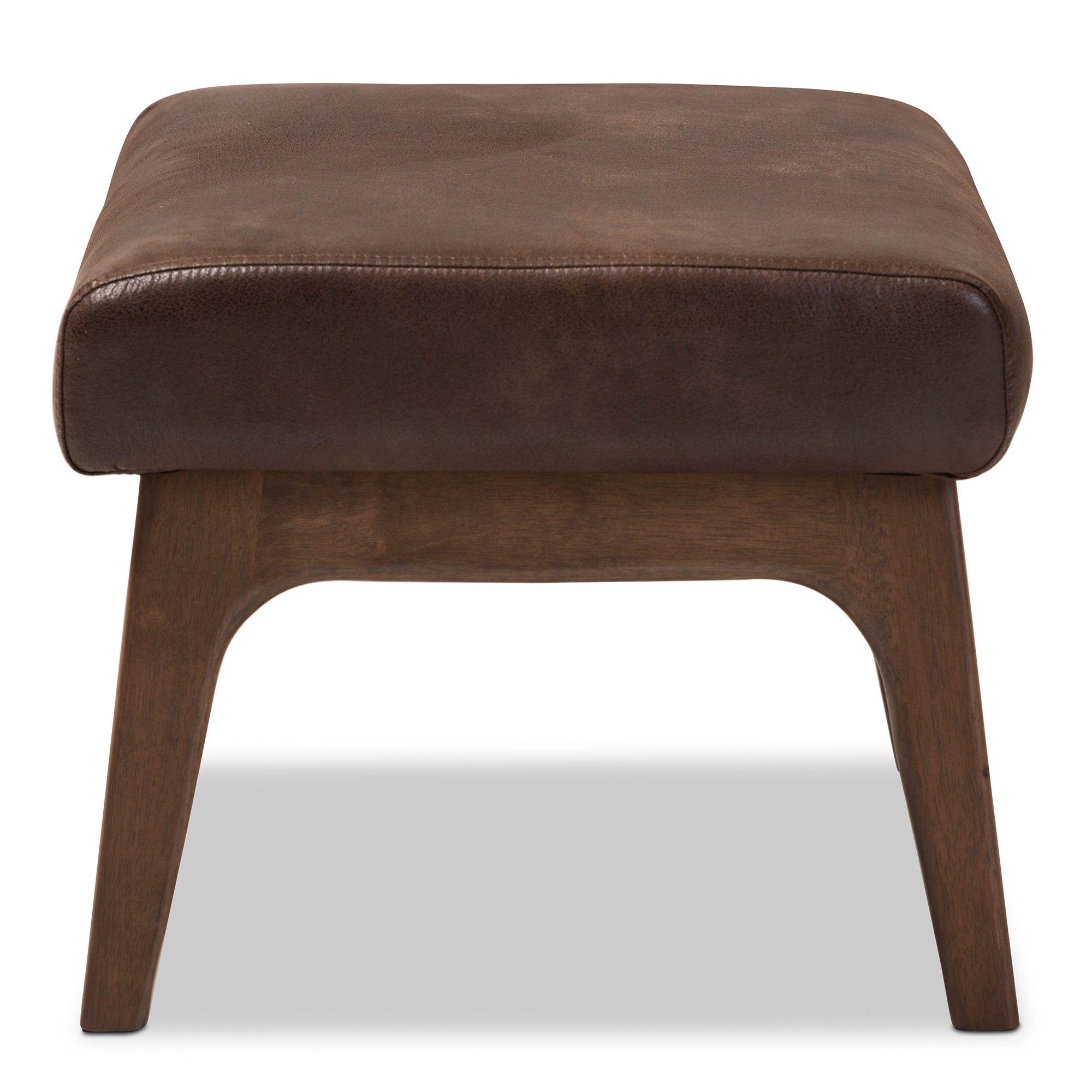 Bianca Mid-Century Modern Walnut Wood Dark Brown Distressed Faux Leather Ottoman