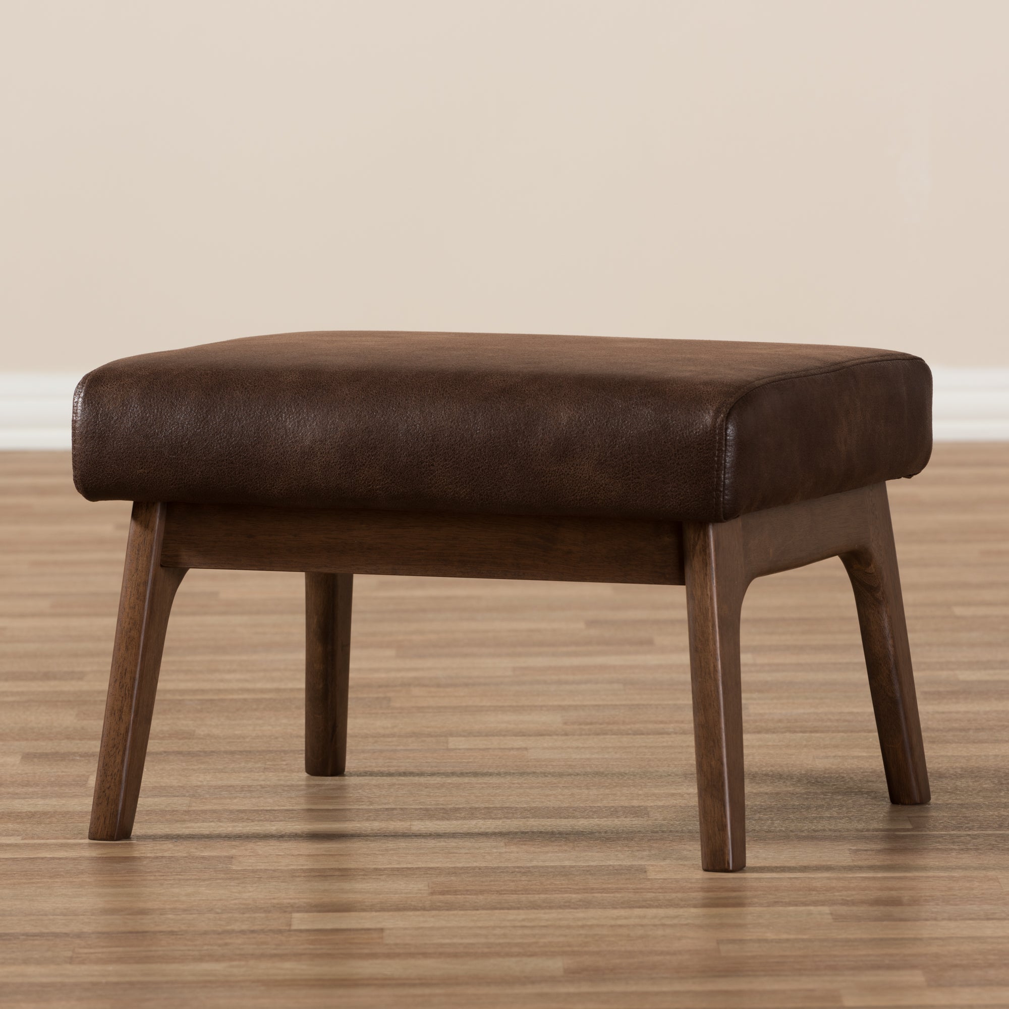 Bianca Mid-Century Modern Walnut Wood Dark Brown Distressed Faux Leather Ottoman