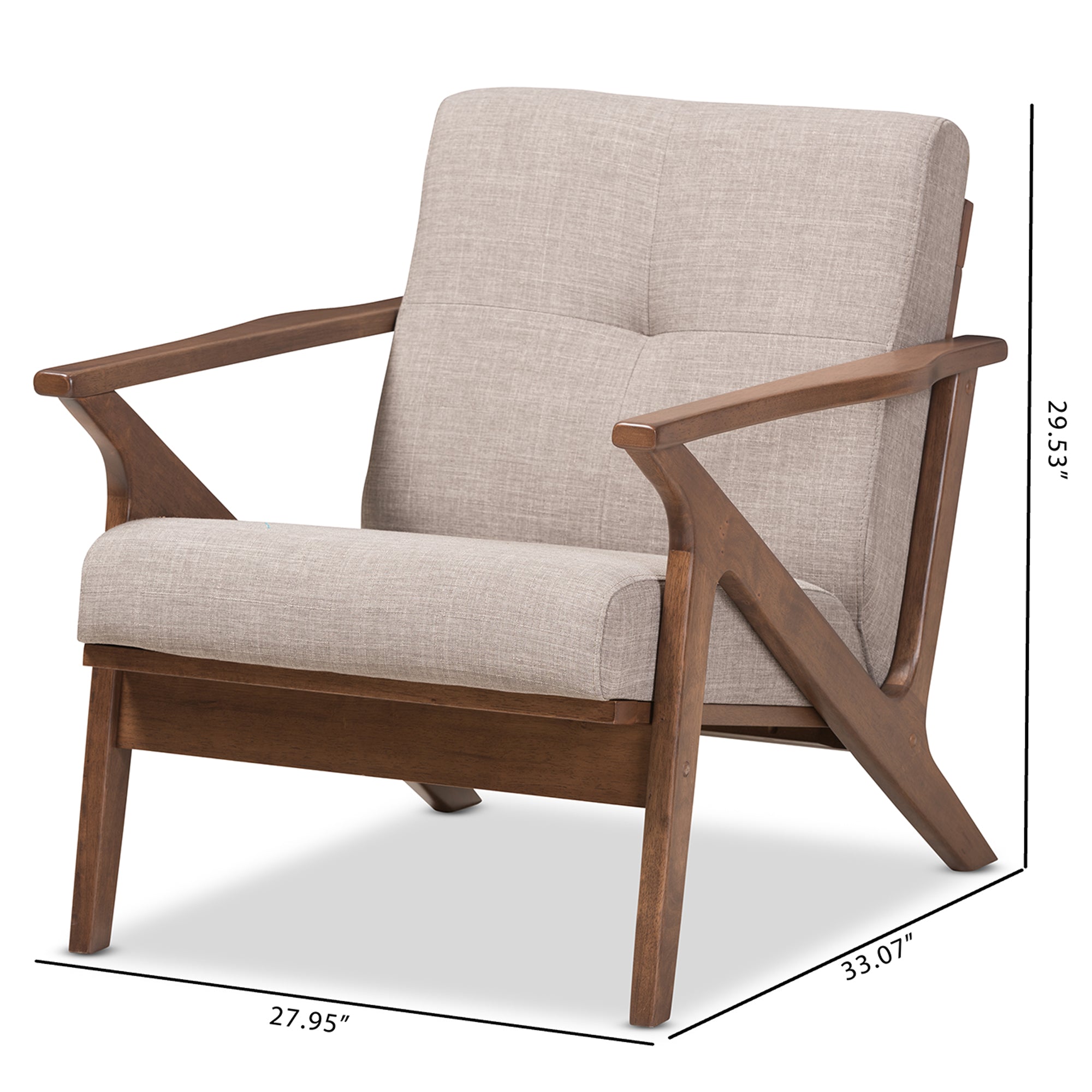 Bianca Mid-Century Modern Walnut Wood Light Grey Fabric Tufted Lounge Chair