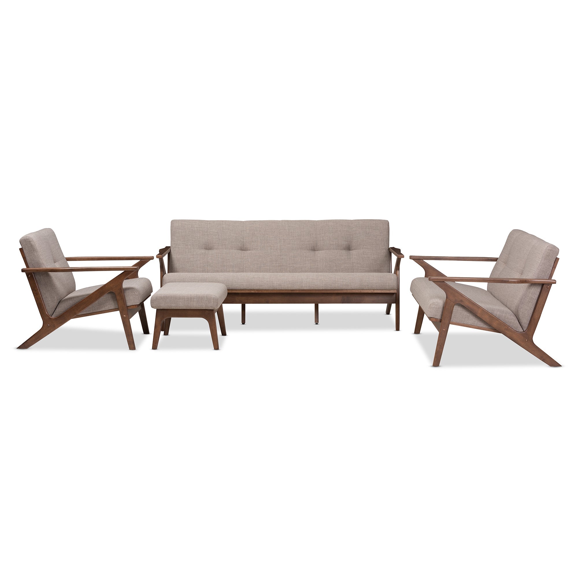 Bianca Mid-Century Modern Walnut Wood Light Grey Fabric Tufted Livingroom Sofa Set