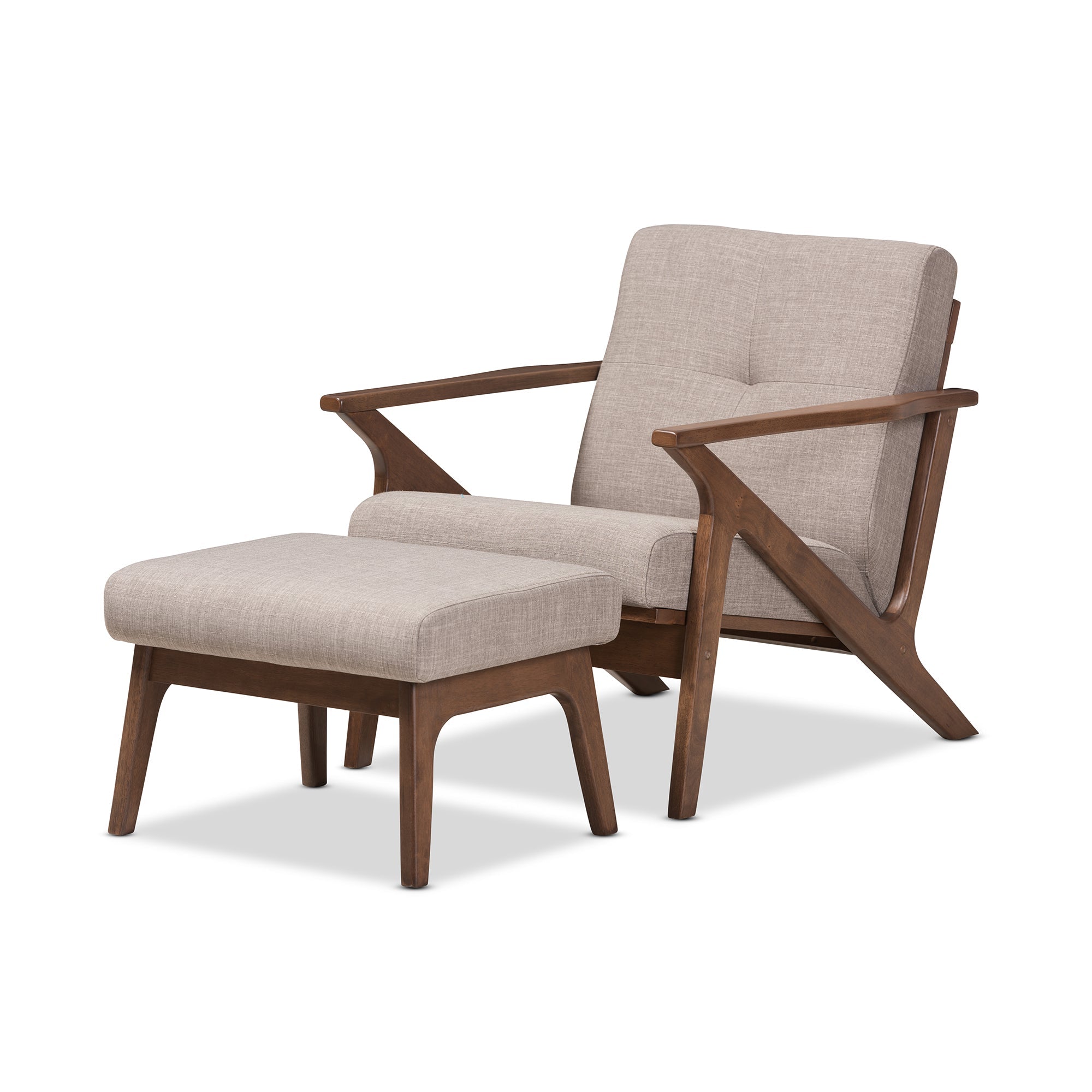Bianca Mid-Century Modern Walnut Wood Light Grey Fabric Tufted Lounge Chair And Ottoman Set