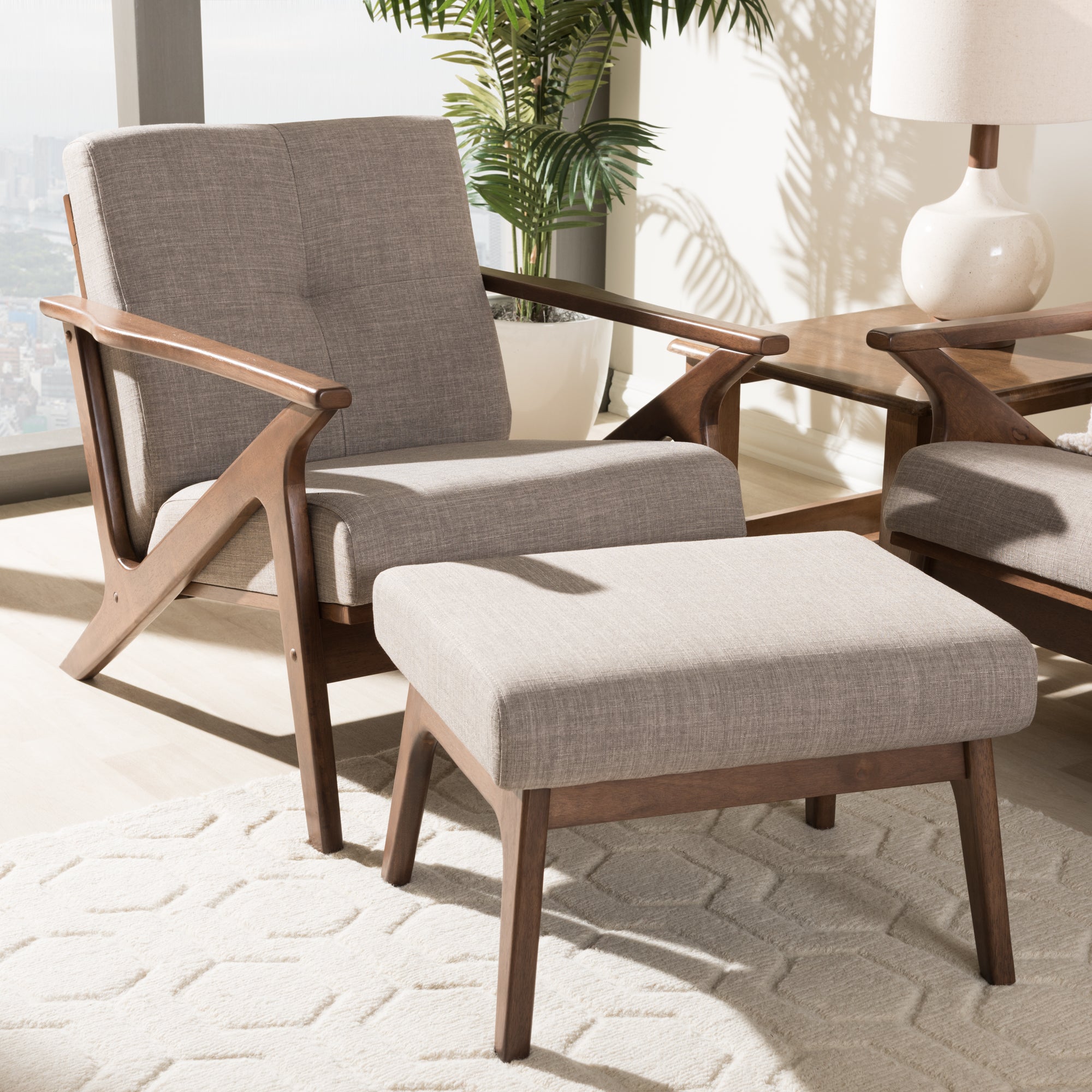 Bianca Mid-Century Modern Walnut Wood Light Grey Fabric Tufted Lounge Chair And Ottoman Set