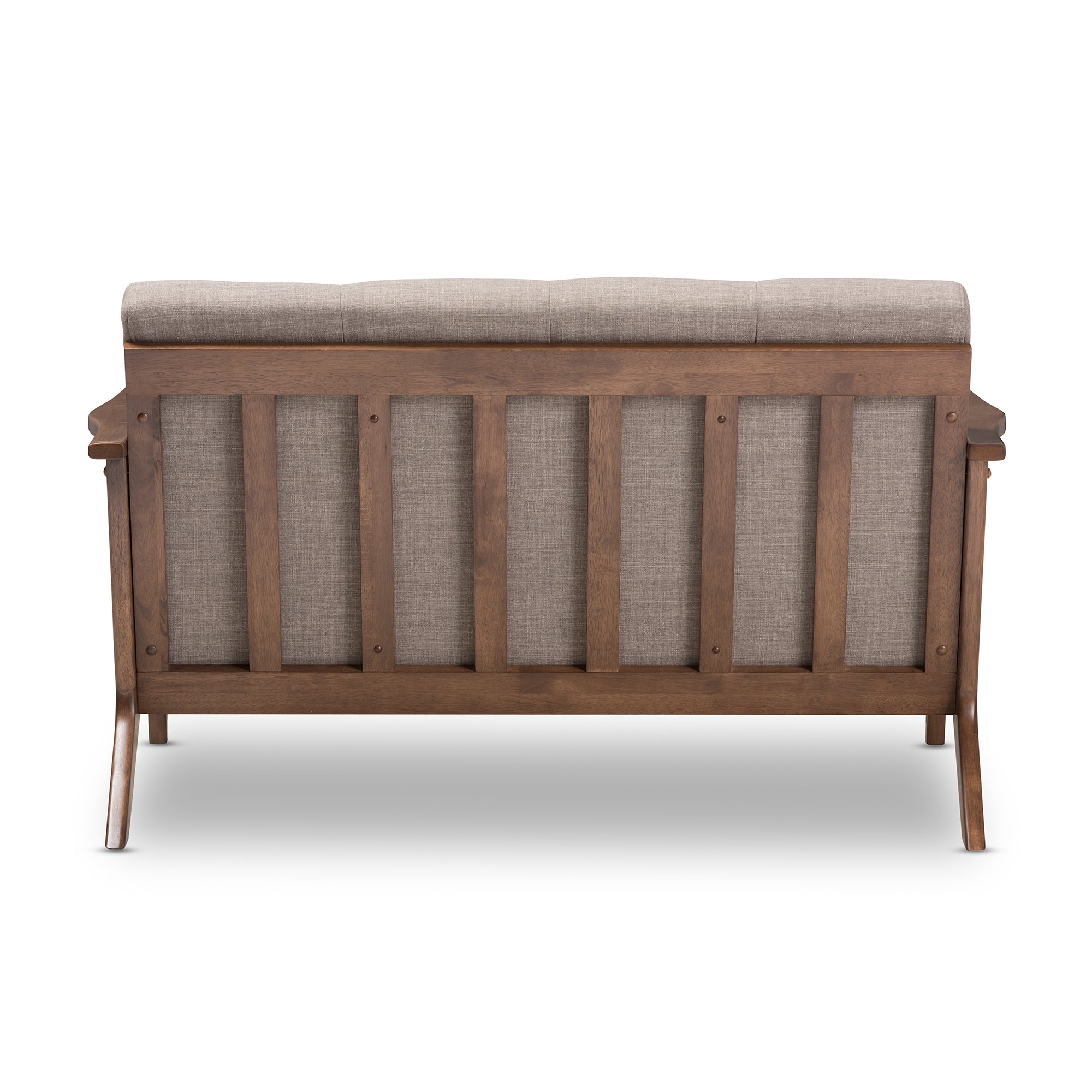 Bianca Mid-Century Modern Walnut Wood Light Grey Fabric Tufted 2-Seater Loveseat