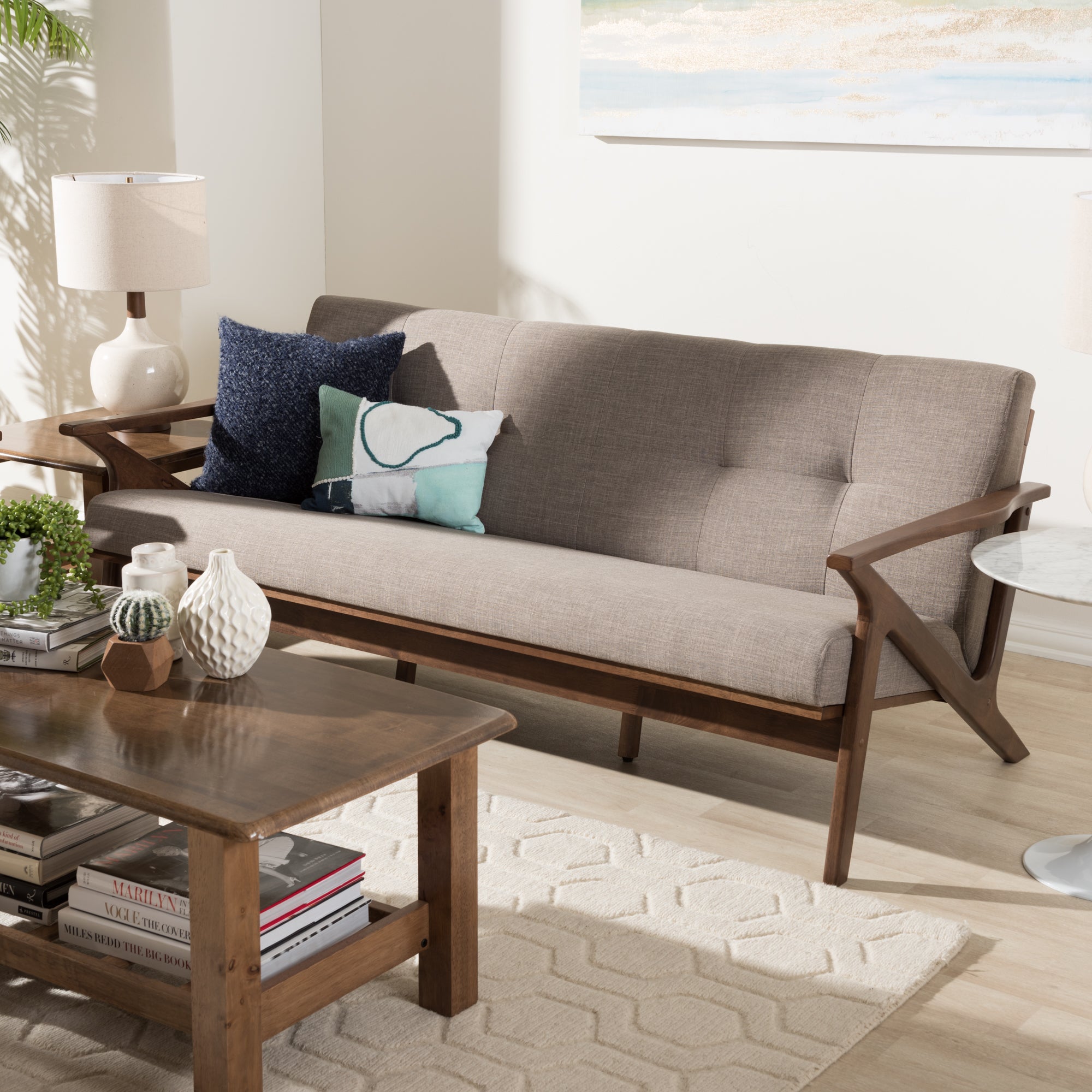 Bianca Mid-Century Modern Walnut Wood Light Grey Fabric Tufted 3-Seater Sofa