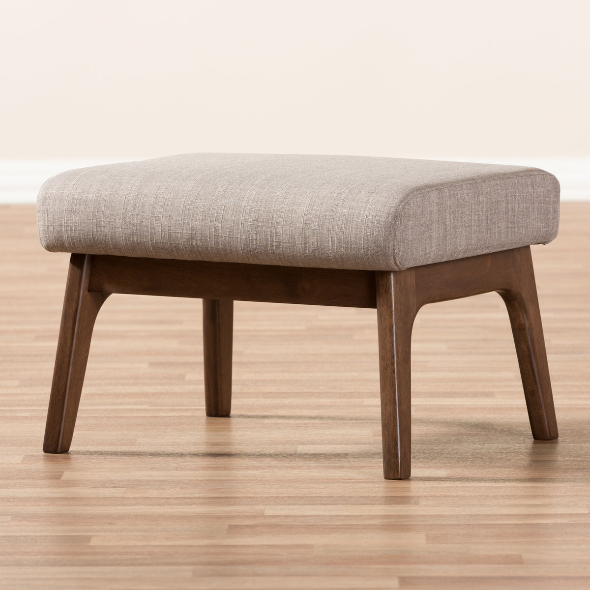 Bianca Mid-Century Modern Walnut Wood Light Grey Fabric Ottoman