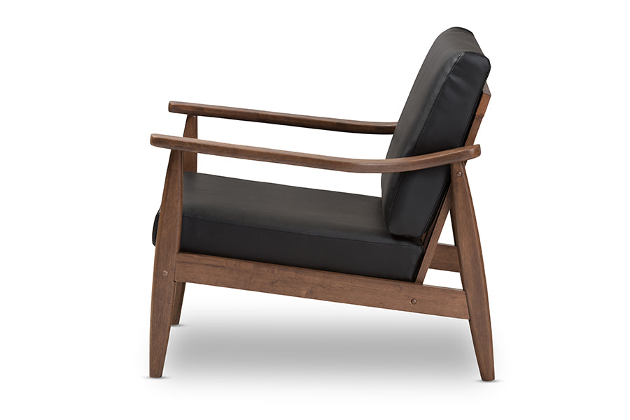 Venza Mid-Century Modern Walnut Wood Black Faux Leather Lounge Chair
