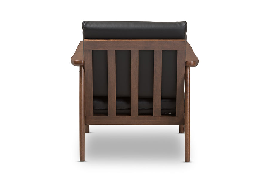 Venza Mid-Century Modern Walnut Wood Black Faux Leather Lounge Chair