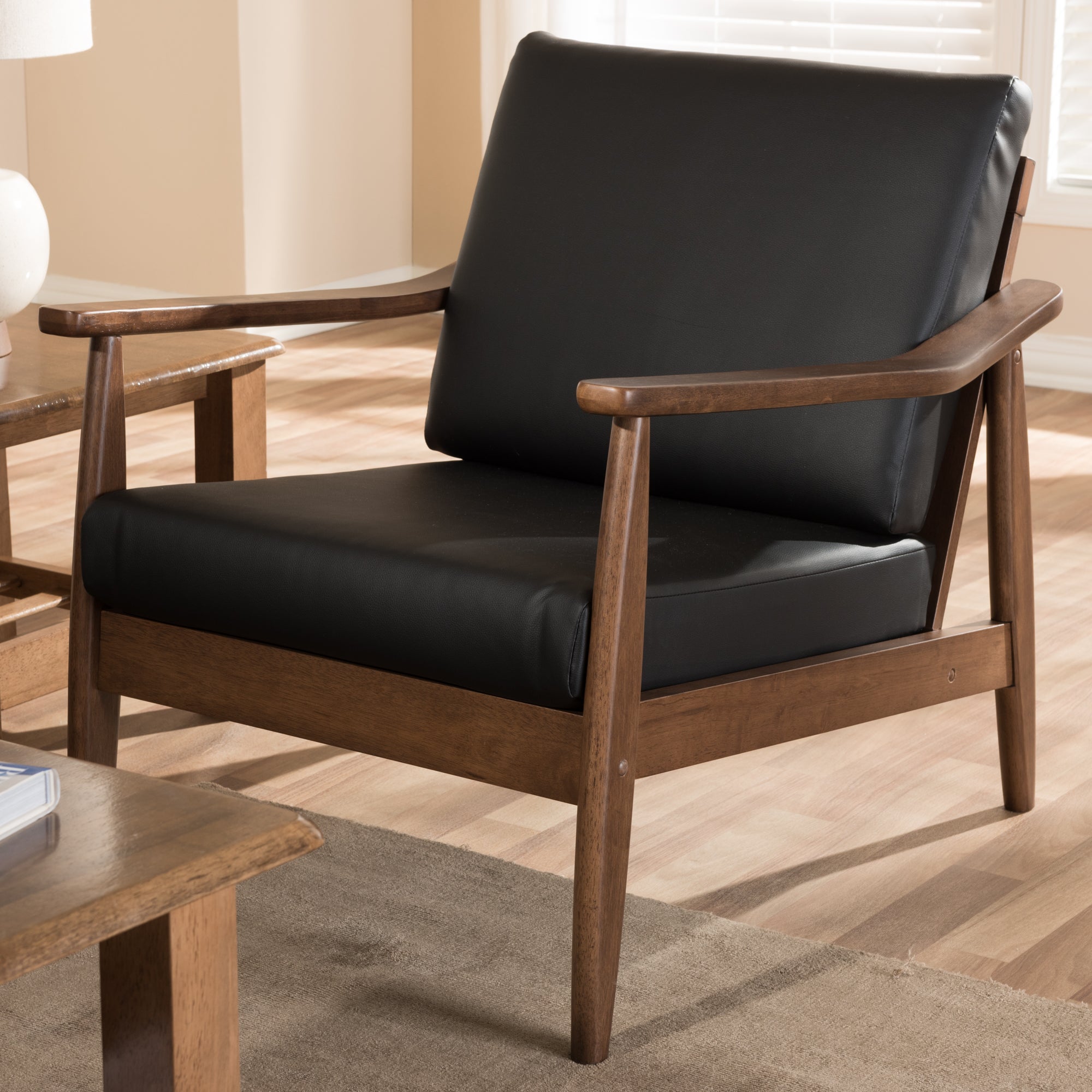 Venza Mid-Century Modern Walnut Wood Black Faux Leather Lounge Chair