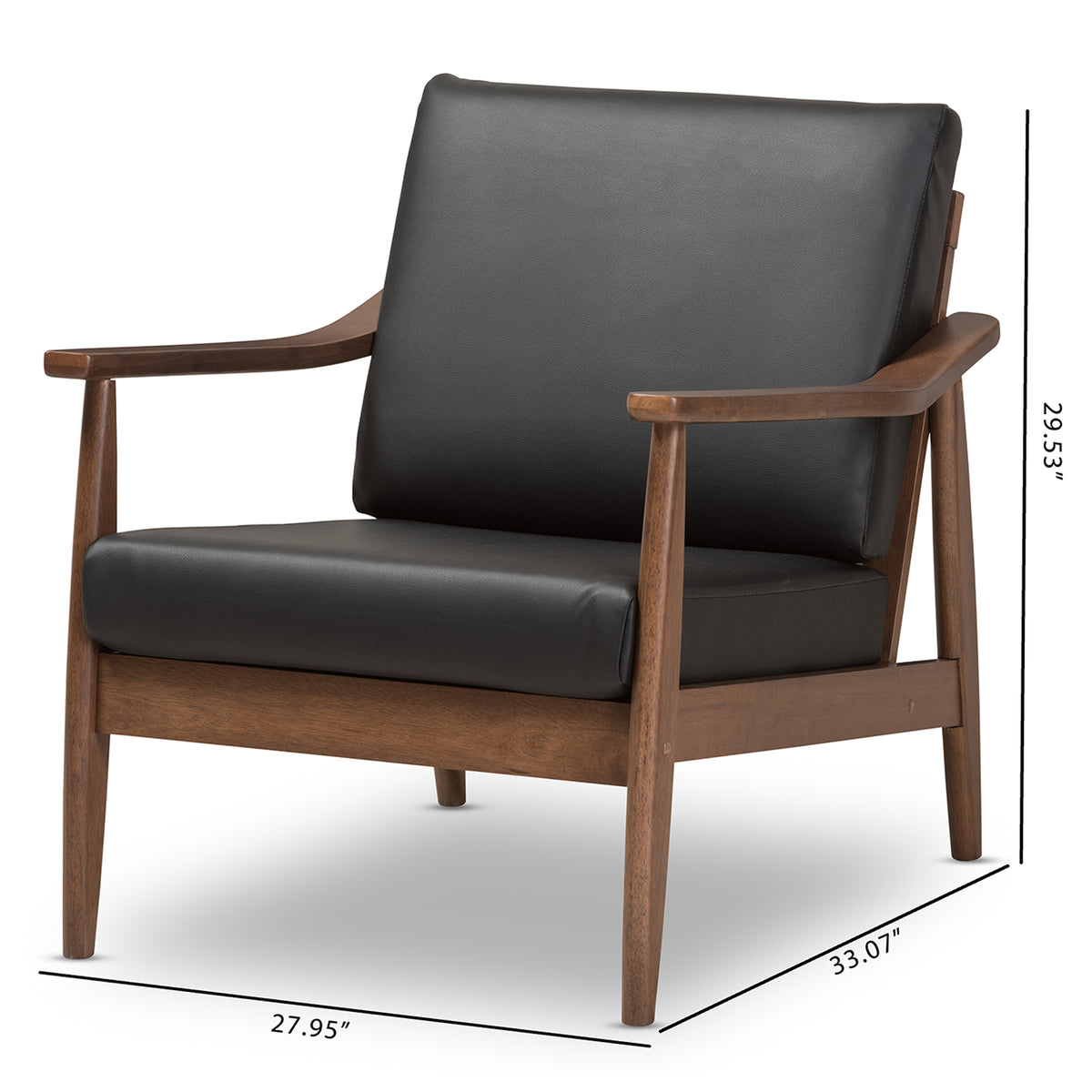 Venza Mid-Century Modern Walnut Wood Black Faux Leather Lounge Chair