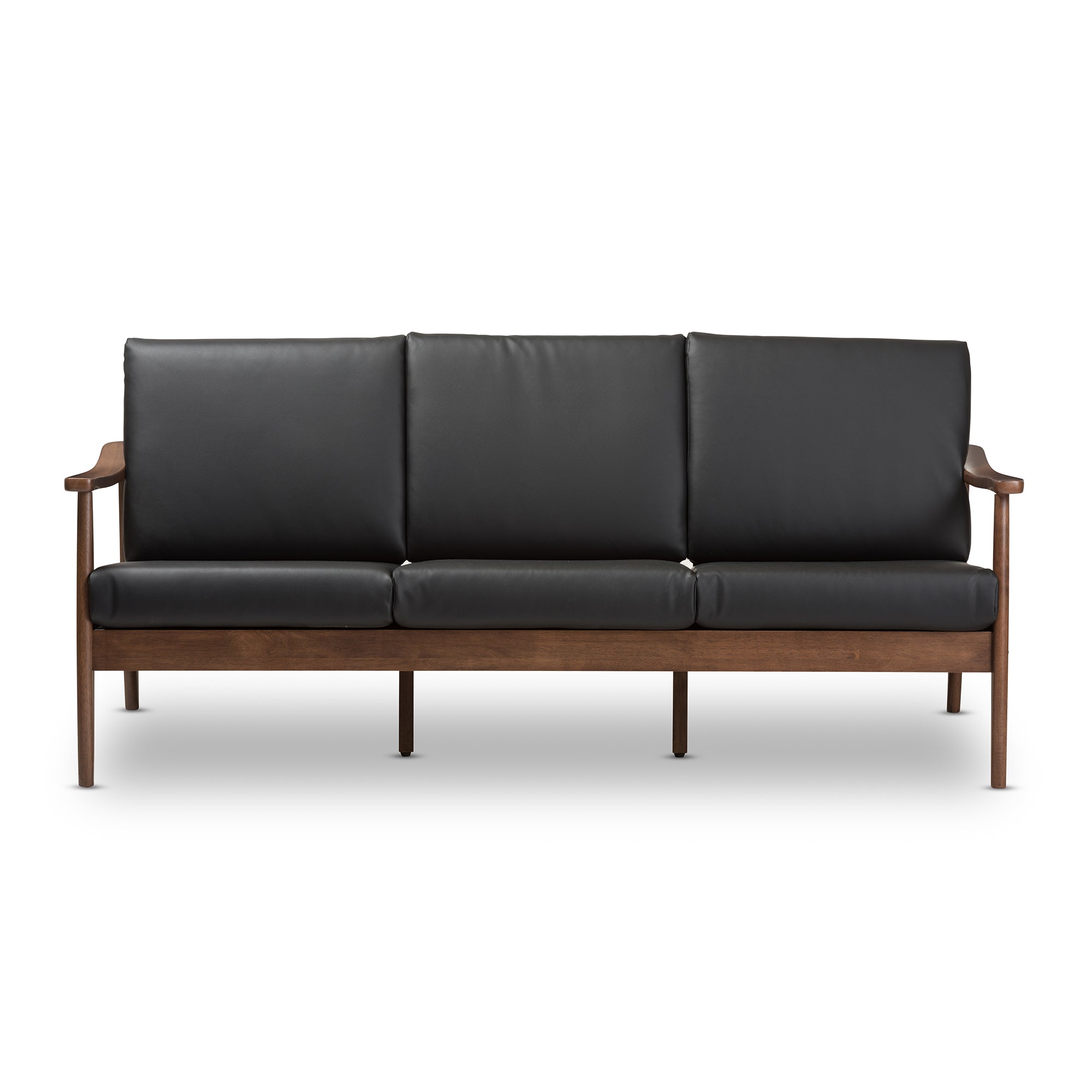 Venza Mid-Century Modern Walnut Wood Black Faux Leather 3-Seater Sofa