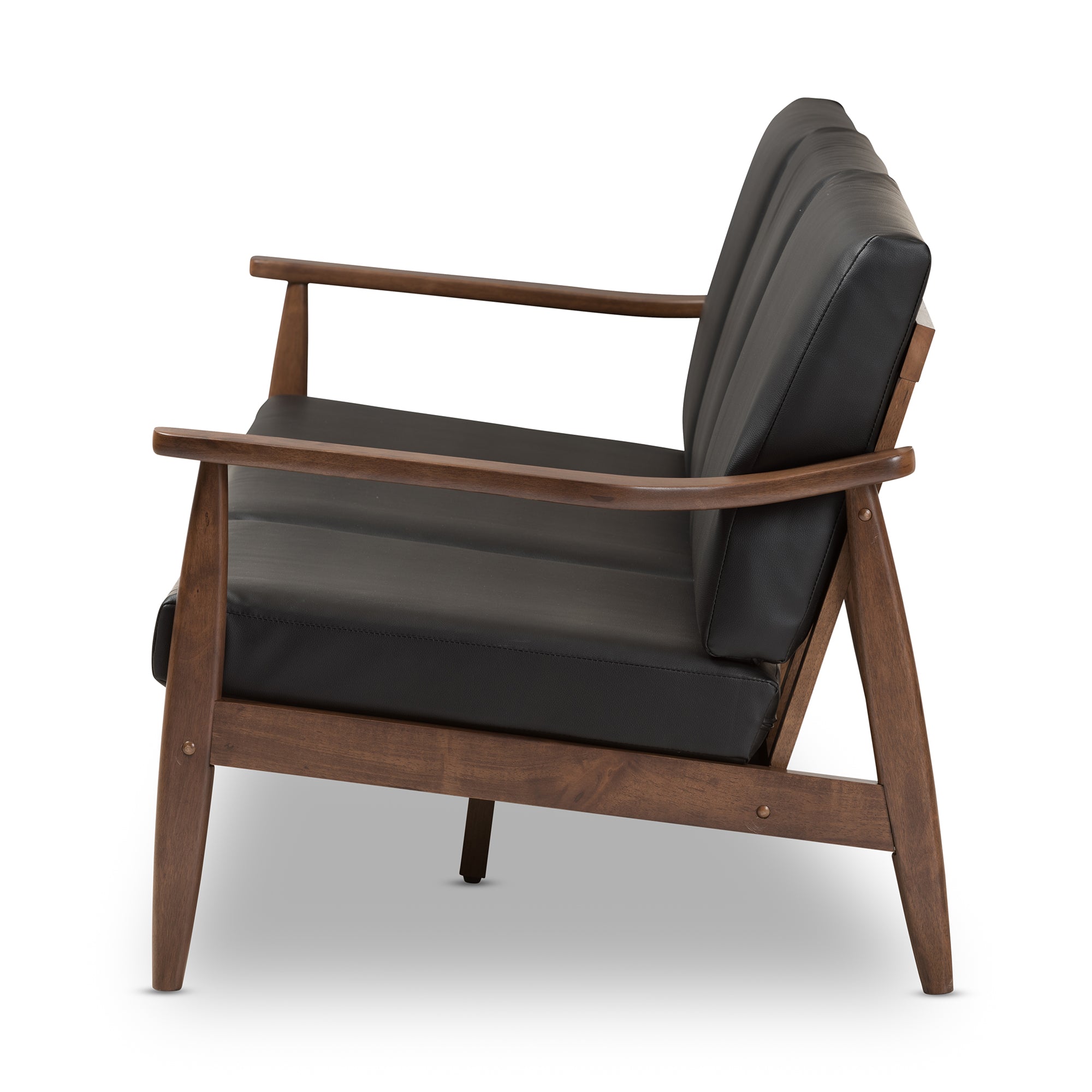 Venza Mid-Century Modern Walnut Wood Black Faux Leather 3-Seater Sofa