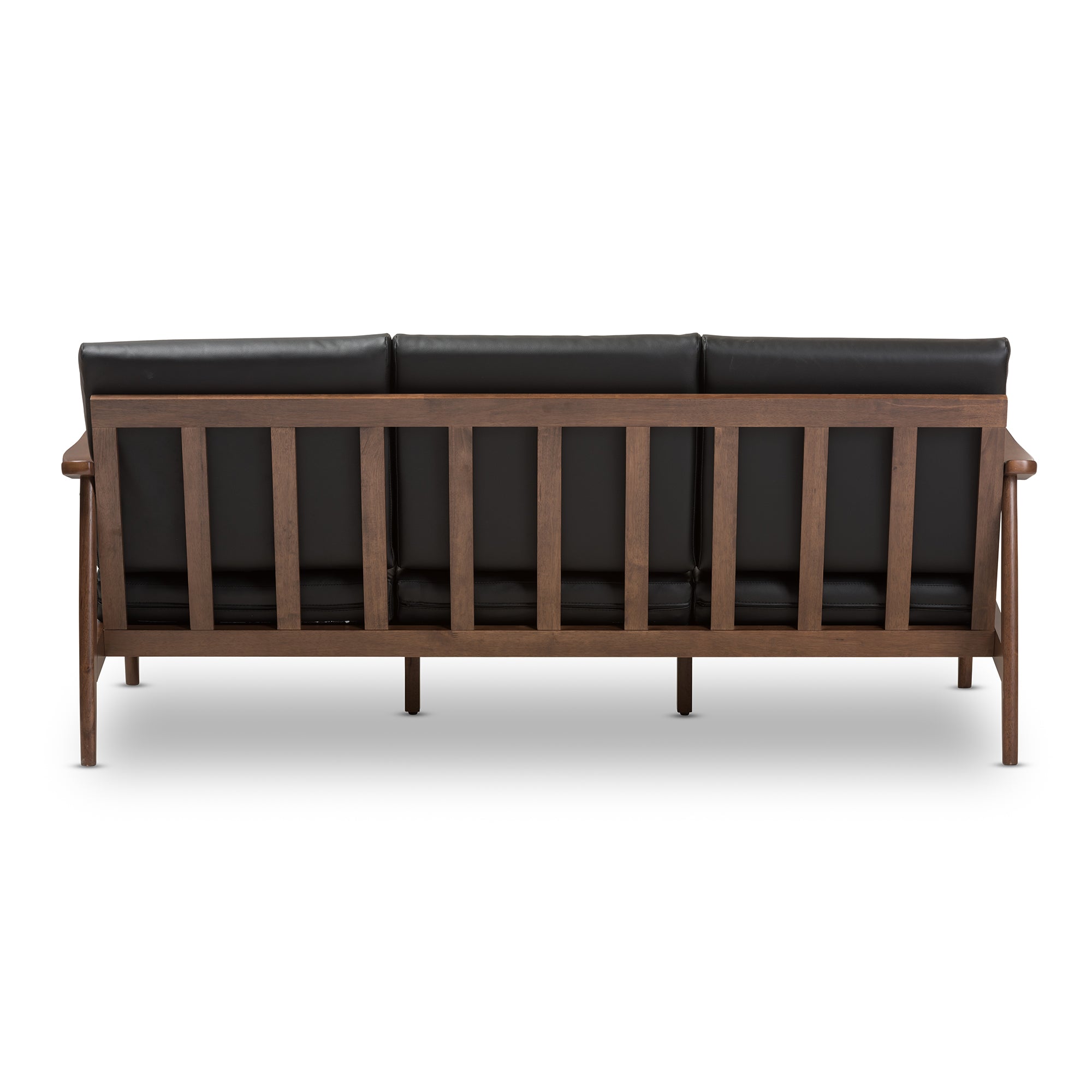 Venza Mid-Century Modern Walnut Wood Black Faux Leather 3-Seater Sofa