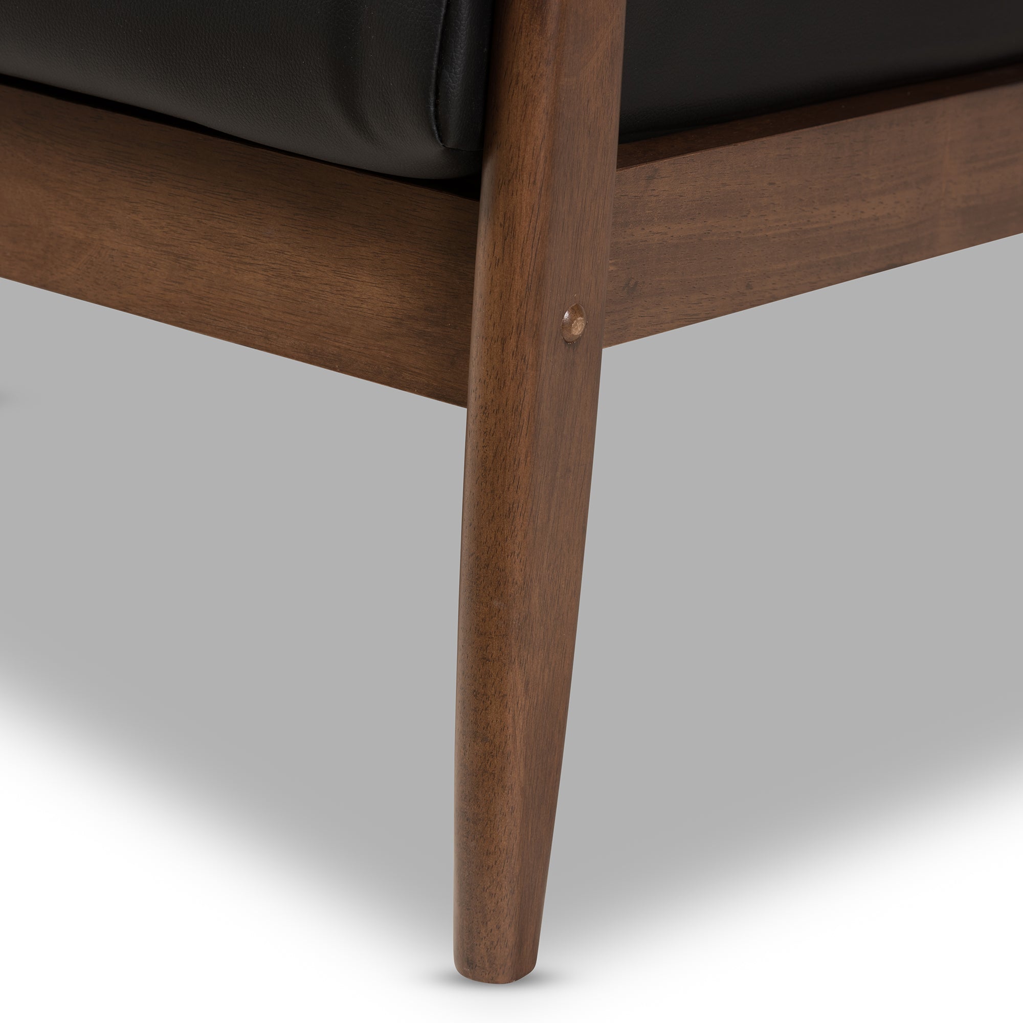 Venza Mid-Century Modern Walnut Wood Black Faux Leather 3-Seater Sofa
