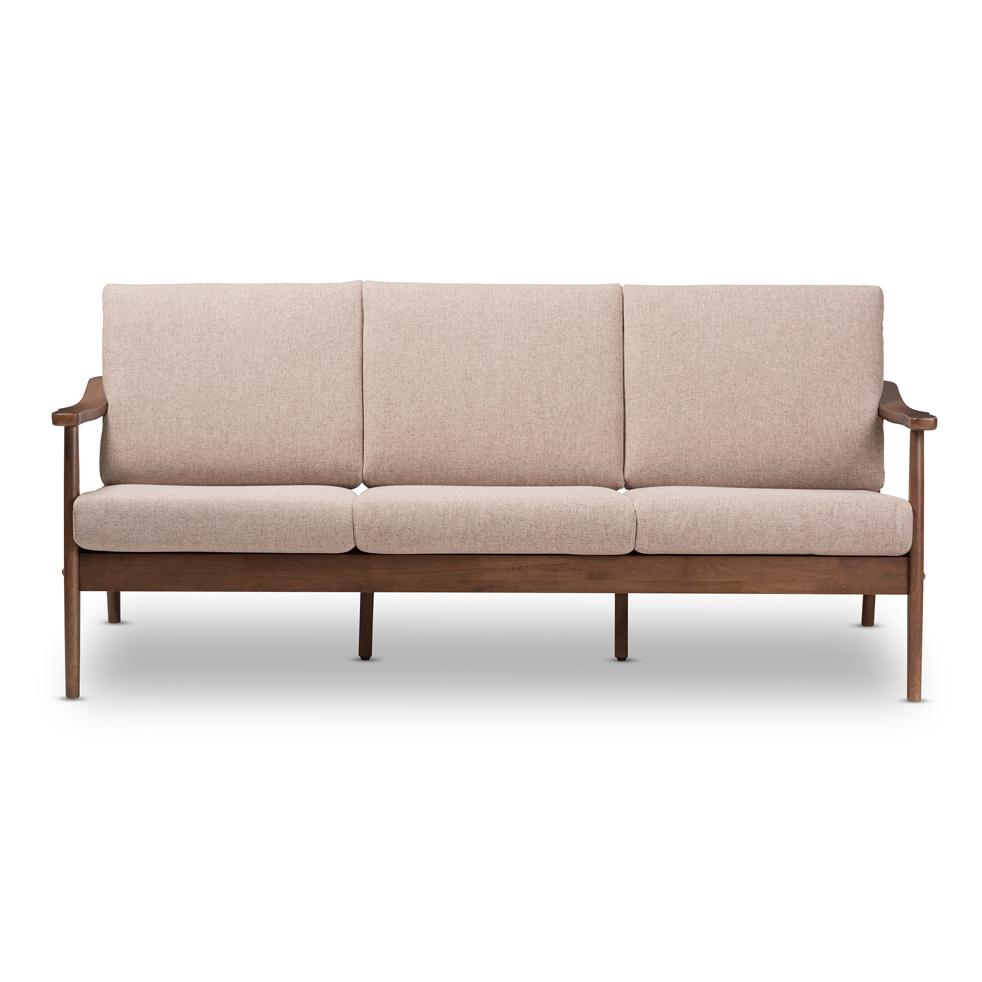 Venza Mid-Century Modern Walnut Wood Light Brown Fabric Upholstered 3-Seater Sofa