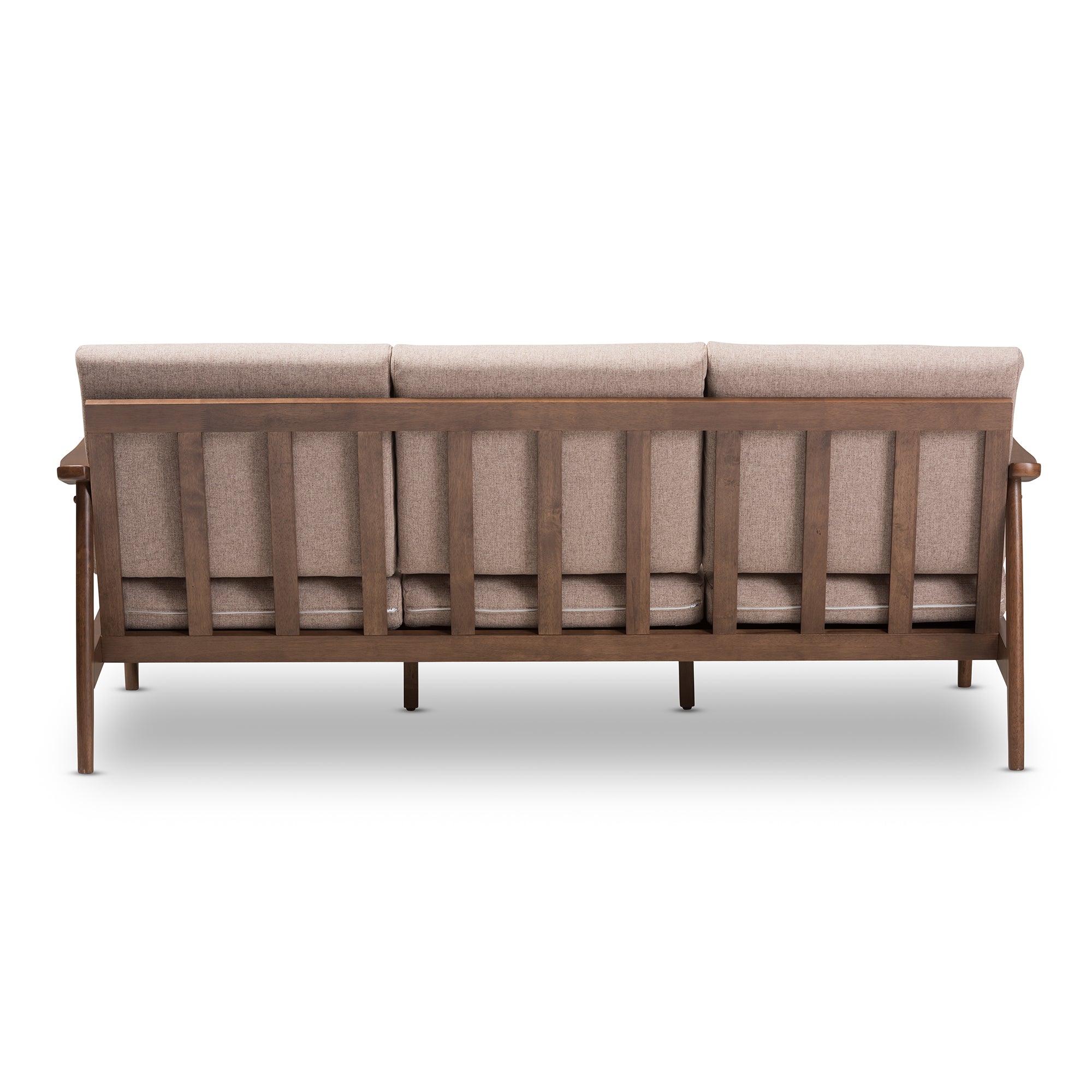 Venza Mid-Century Modern Walnut Wood Light Brown Fabric Upholstered 3-Seater Sofa