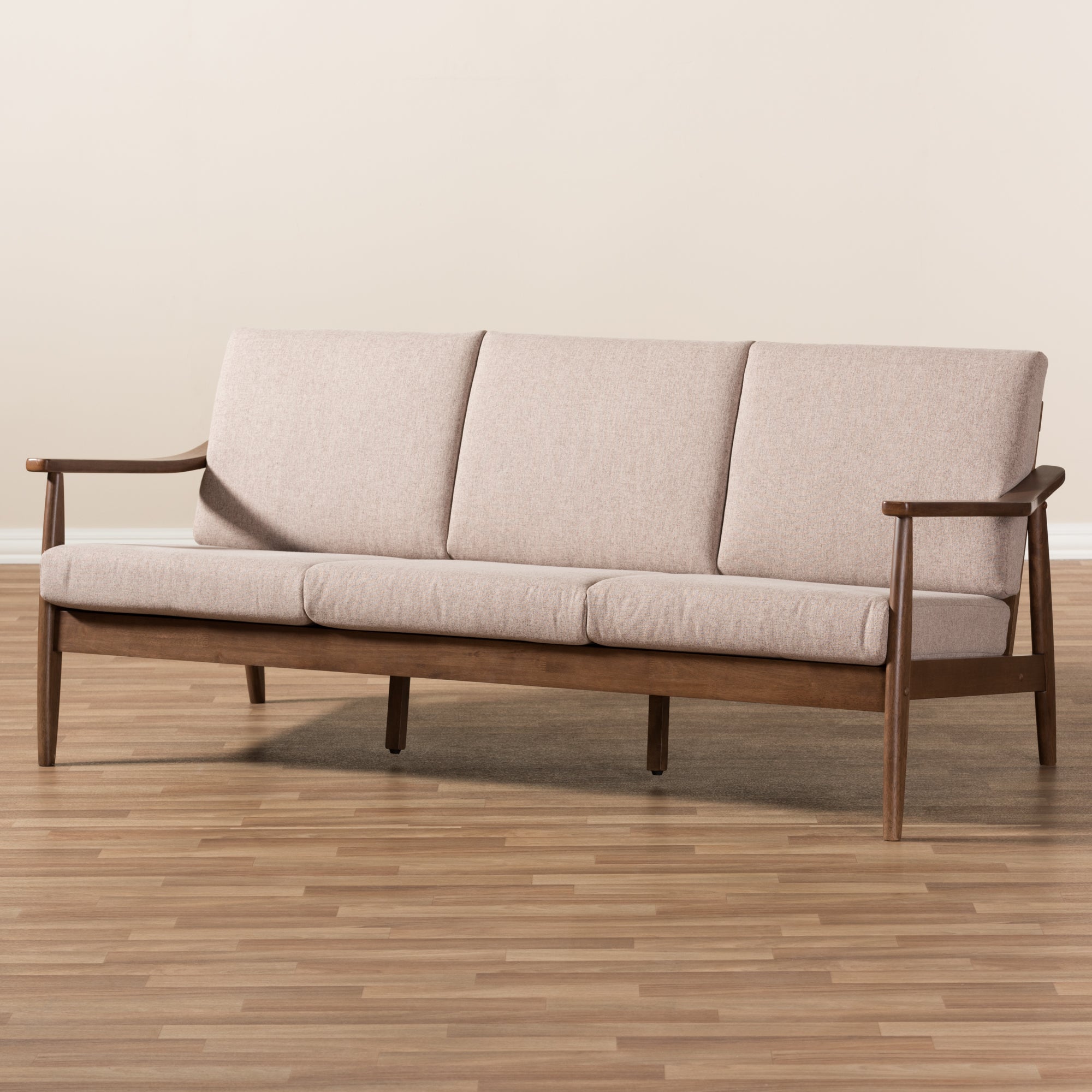 Venza Mid-Century Modern Walnut Wood Light Brown Fabric Upholstered 3-Seater Sofa