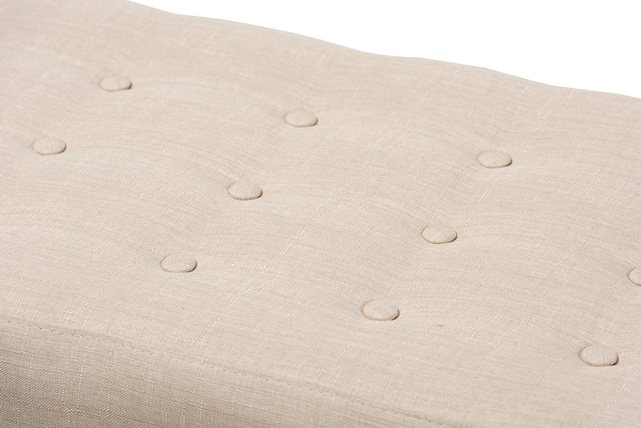 Elia Mid-Century Modern Walnut Wood Light Beige Fabric Button-Tufted Bench