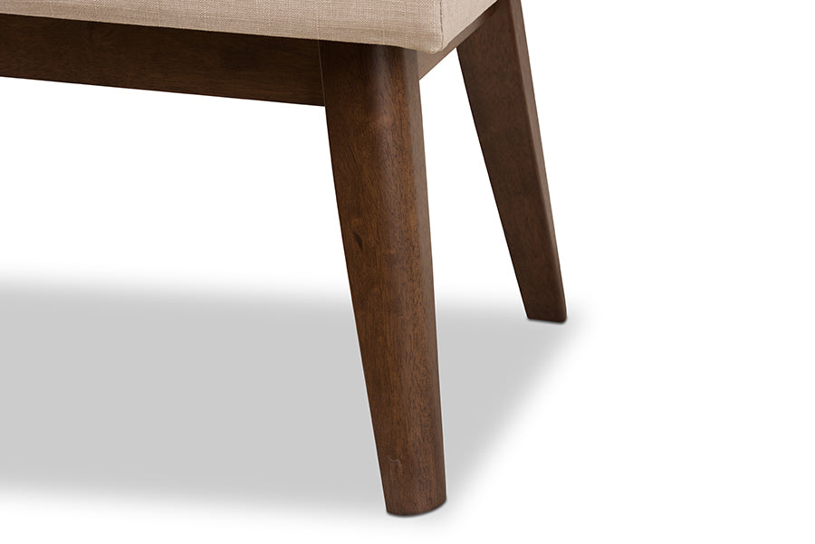 Elia Mid-Century Modern Walnut Wood Light Beige Fabric Button-Tufted Bench