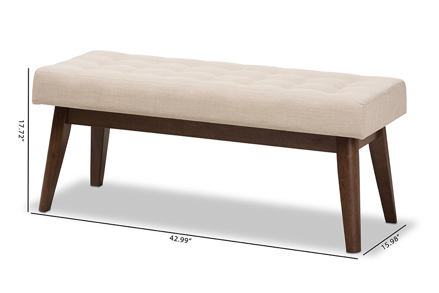 Elia Mid-Century Modern Walnut Wood Light Beige Fabric Button-Tufted Bench