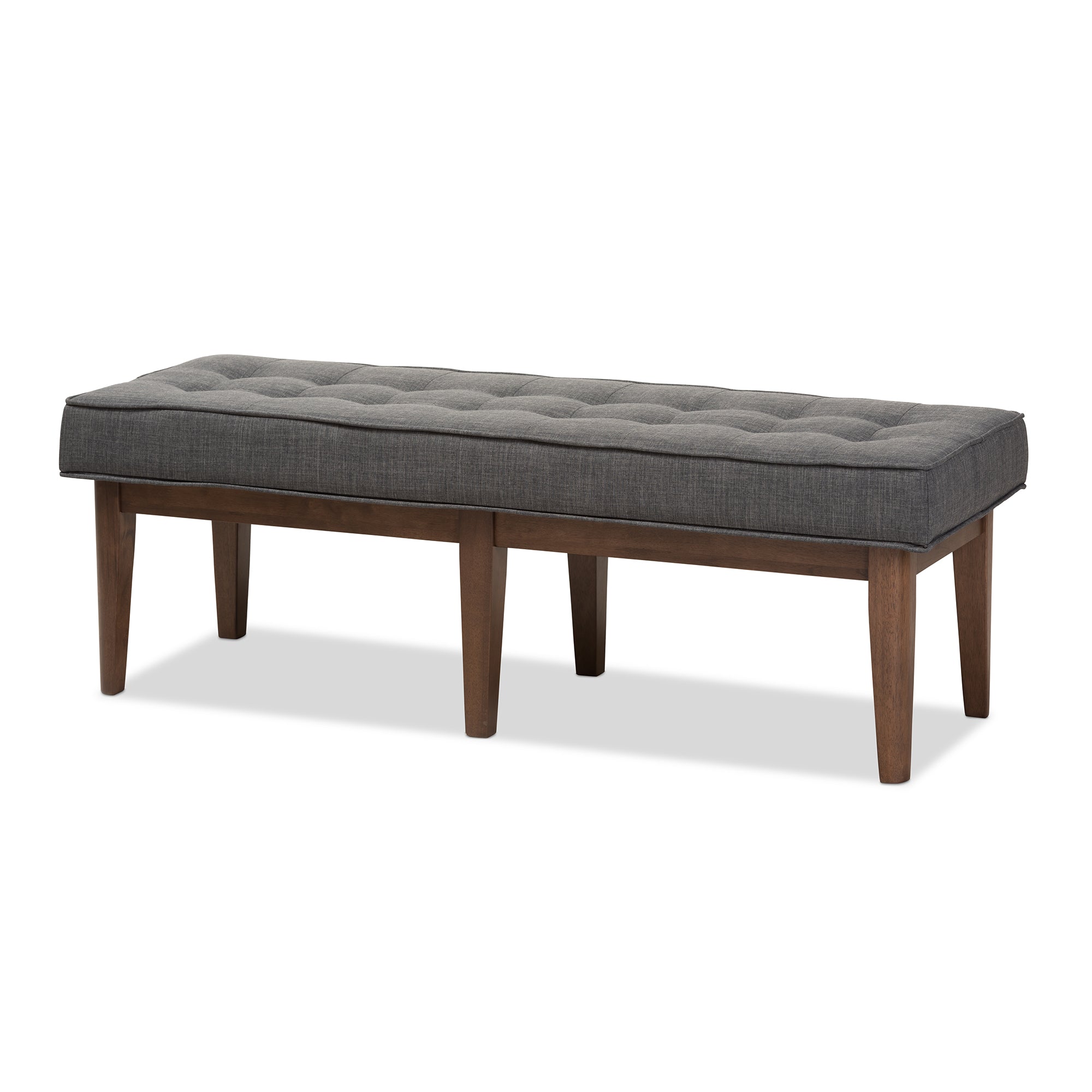 Lucca Mid-Century Modern Walnut Wood Dark Grey Fabric Button-Tufted Bench