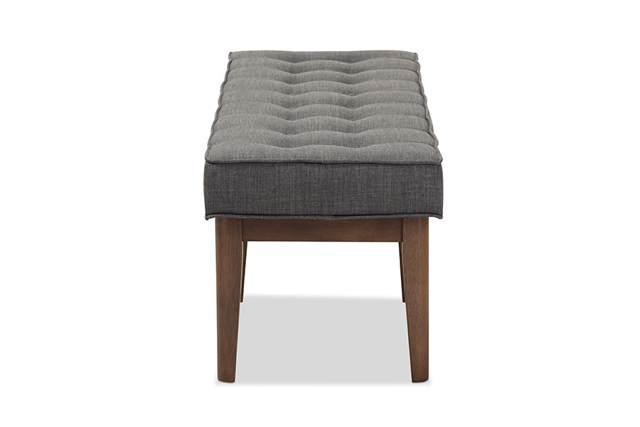 Lucca Mid-Century Modern Walnut Wood Dark Grey Fabric Button-Tufted Bench