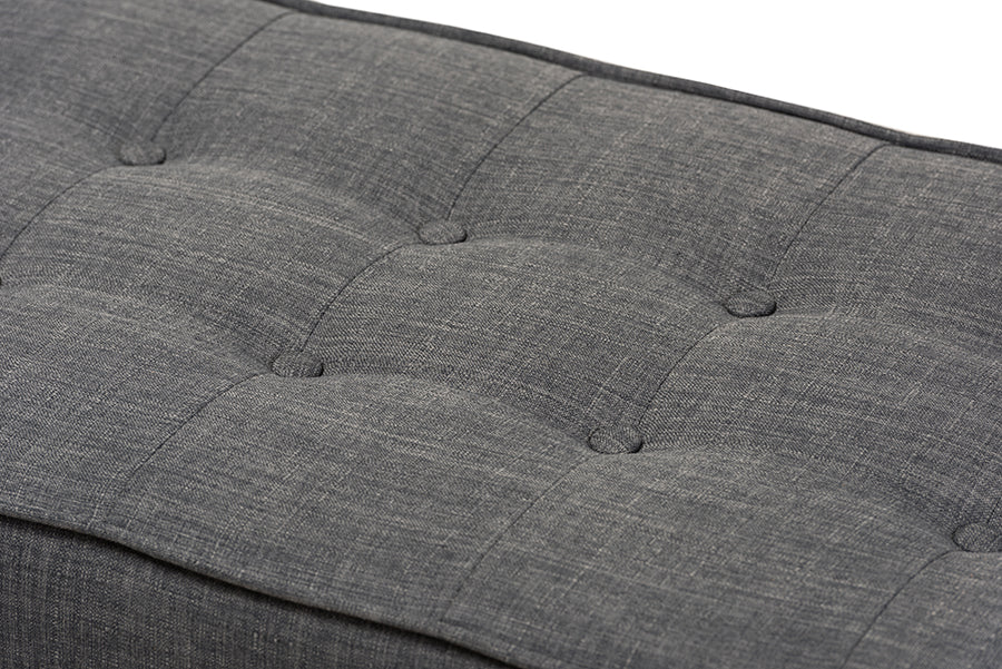 Lucca Mid-Century Modern Walnut Wood Dark Grey Fabric Button-Tufted Bench