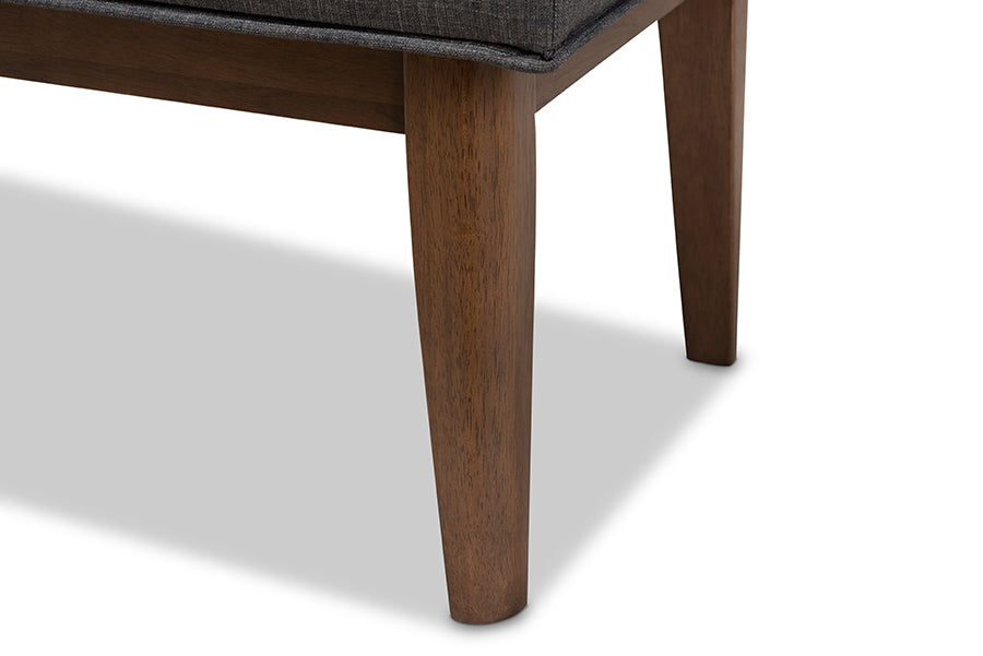 Lucca Mid-Century Modern Walnut Wood Dark Grey Fabric Button-Tufted Bench