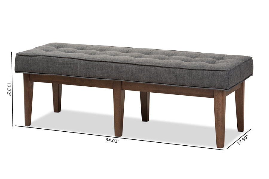 Lucca Mid-Century Modern Walnut Wood Dark Grey Fabric Button-Tufted Bench