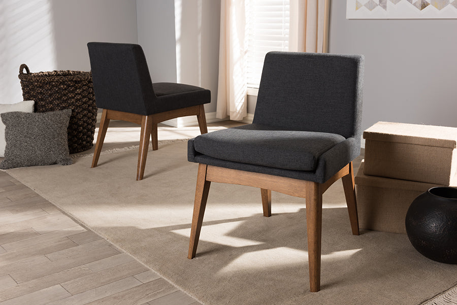 Nexus Mid-Century Modern Walnut Wood Finishing Dark Fabric Dining Side Chair (Set of 2)