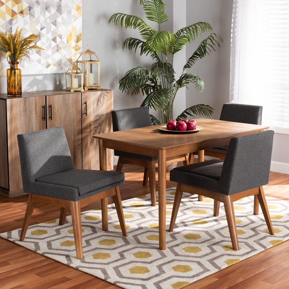 Nexus Mid-Century Modern Dark Grey Fabric Upholstered and Walnut Brown Finished Wood 5-Piece Dining Set