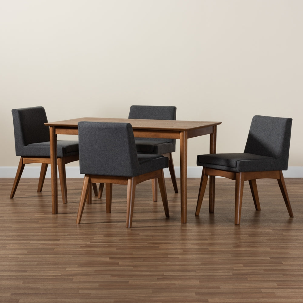 Nexus Mid-Century Modern Dark Grey Fabric Upholstered and Walnut Brown Finished Wood 5-Piece Dining Set