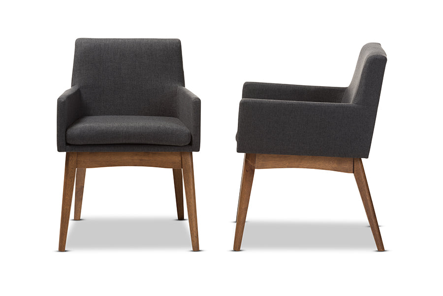 Nexus Mid-Century Modern Walnut Wood Finishing Dark Grey Fabric Dining Armchair (Set of 2)