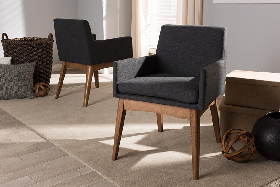 Nexus Mid-Century Modern Walnut Wood Finishing Dark Grey Fabric Dining Armchair (Set of 2)