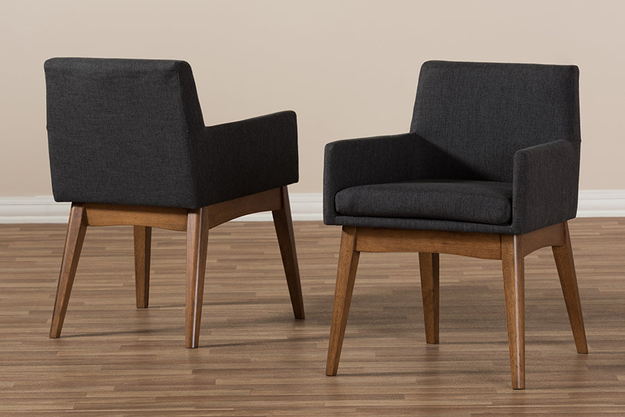 Nexus Mid-Century Modern Walnut Wood Finishing Dark Grey Fabric Dining Armchair (Set of 2)
