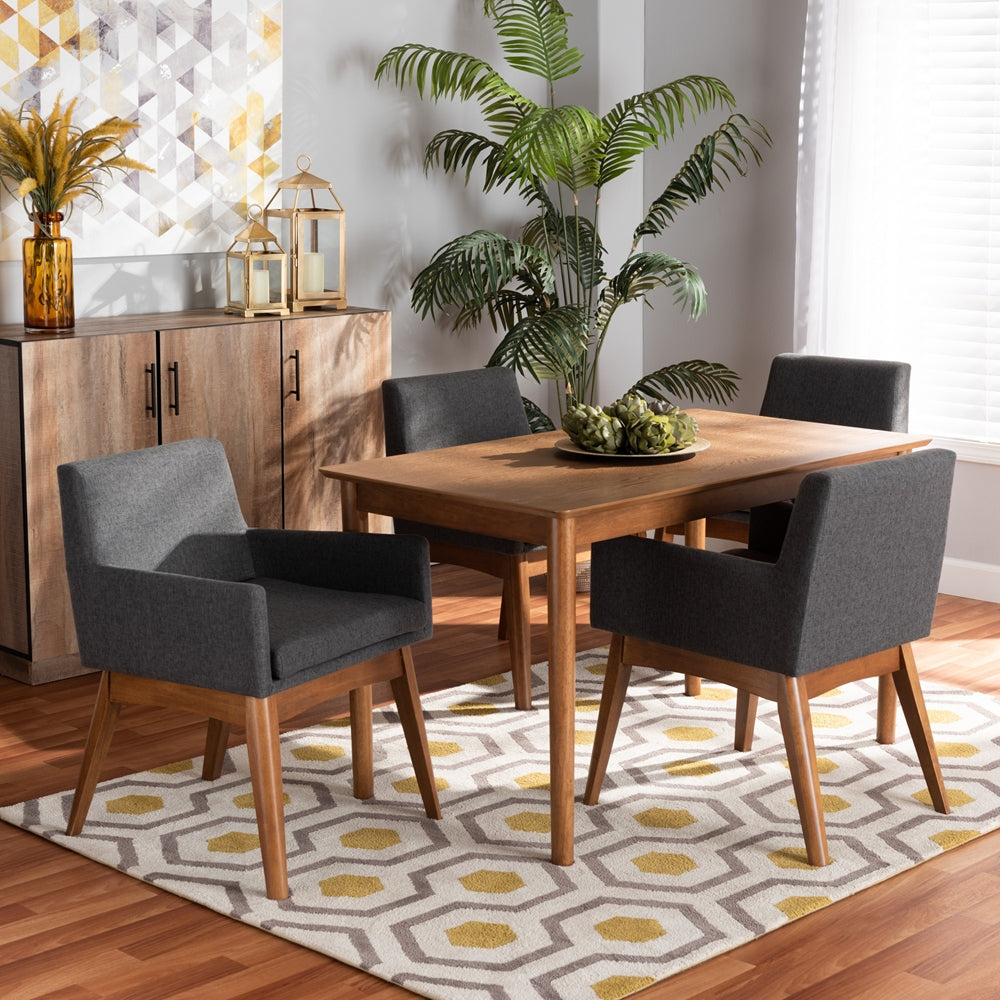 Dorina Mid-Century Modern Dark Grey Fabric Upholstered and Walnut Brown Finished Wood 5-Piece Dining Set