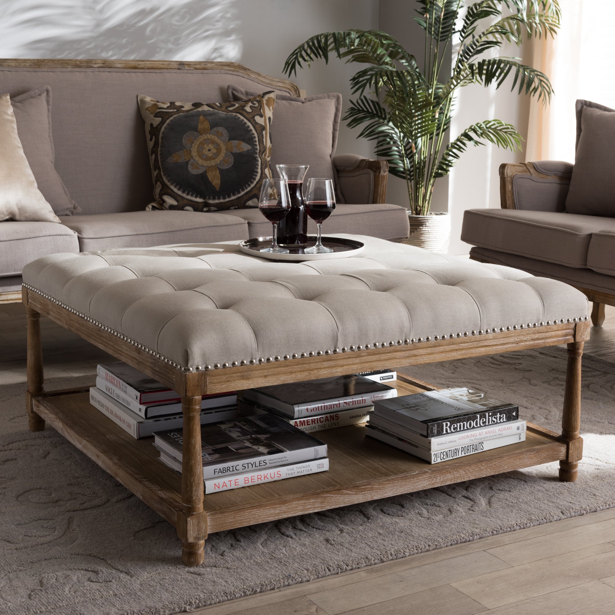 Carlotta French Country Weathered Oak Beige Linen Square Coffee Table Ottoman