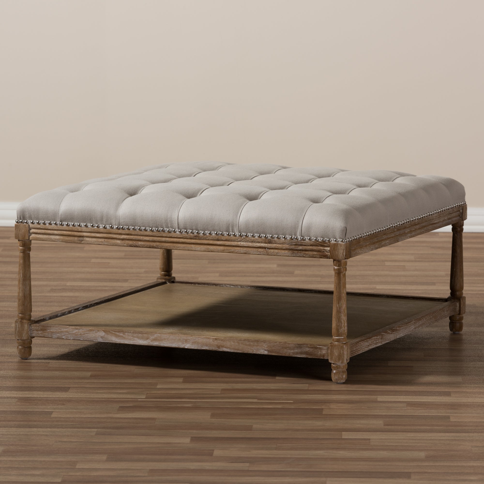 Carlotta French Country Weathered Oak Beige Linen Square Coffee Table Ottoman