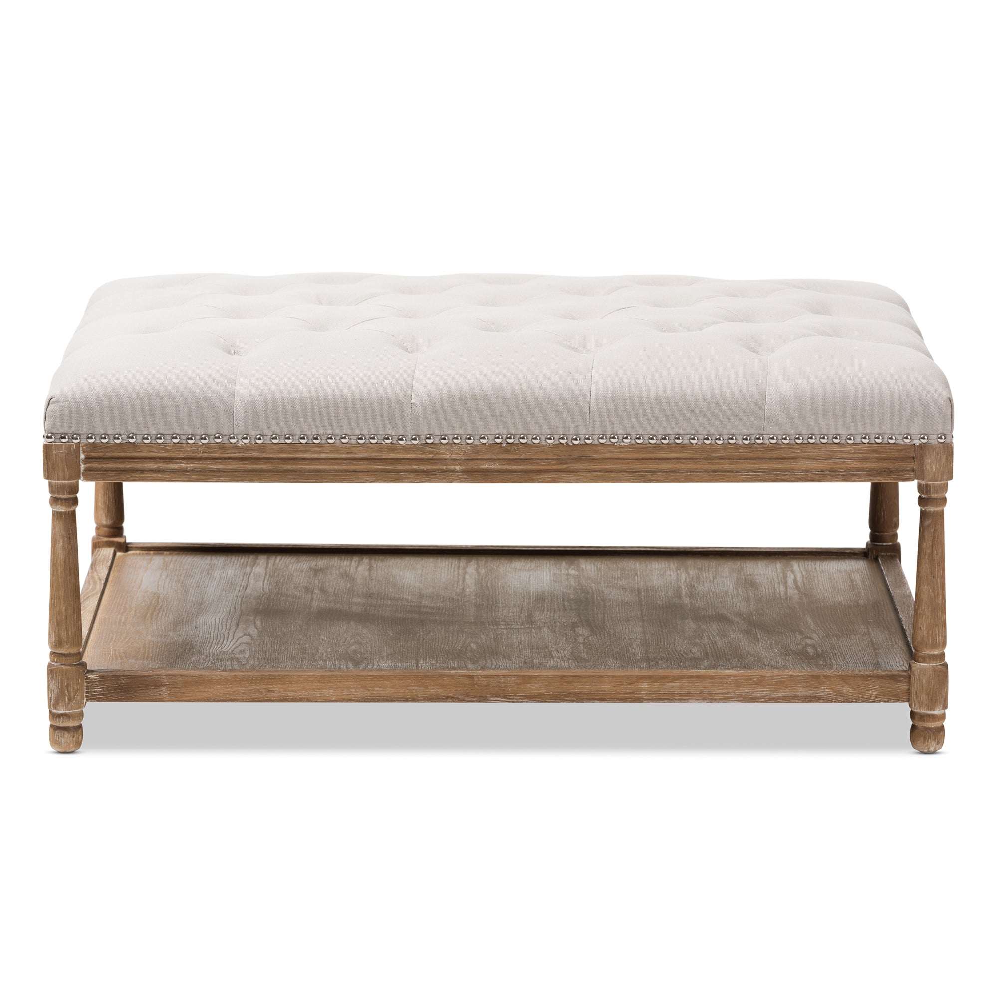 Carlotta French Country Weathered Oak Beige Linen Rectangular Coffee Table Ottoman