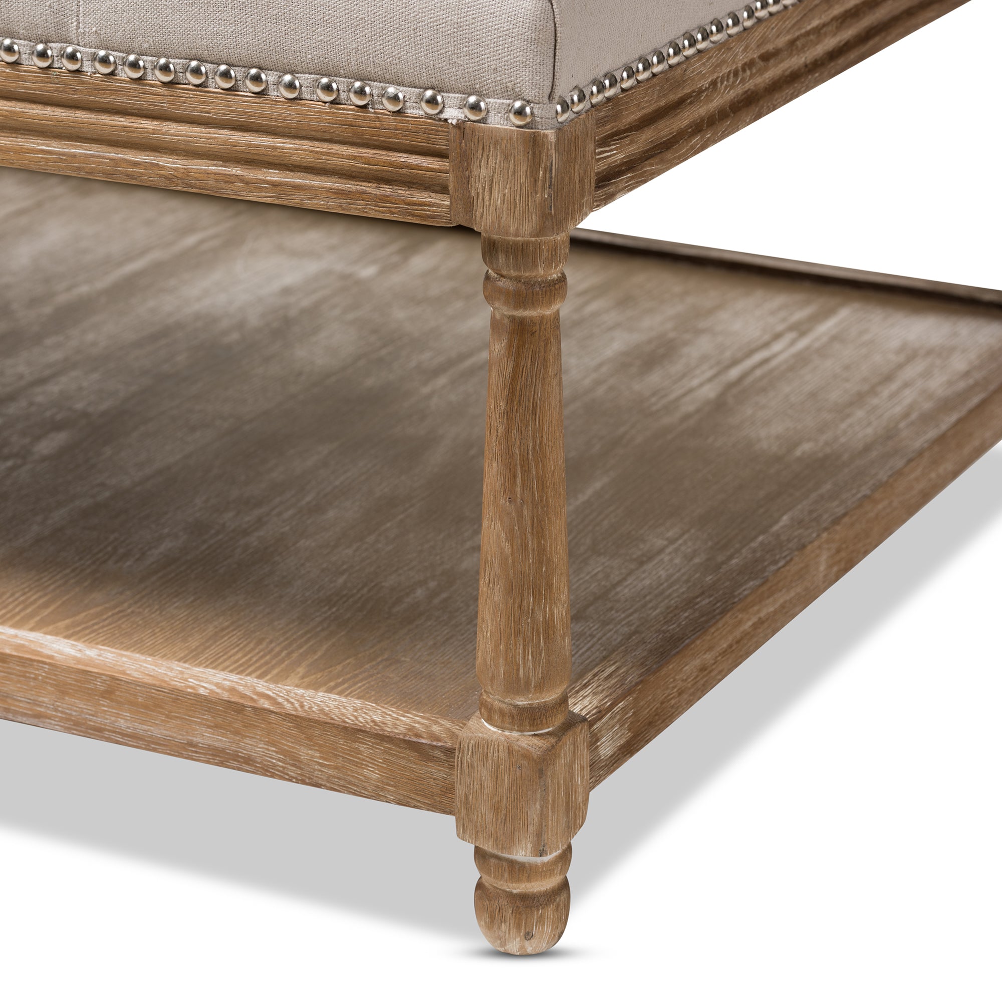 Carlotta French Country Weathered Oak Beige Linen Rectangular Coffee Table Ottoman