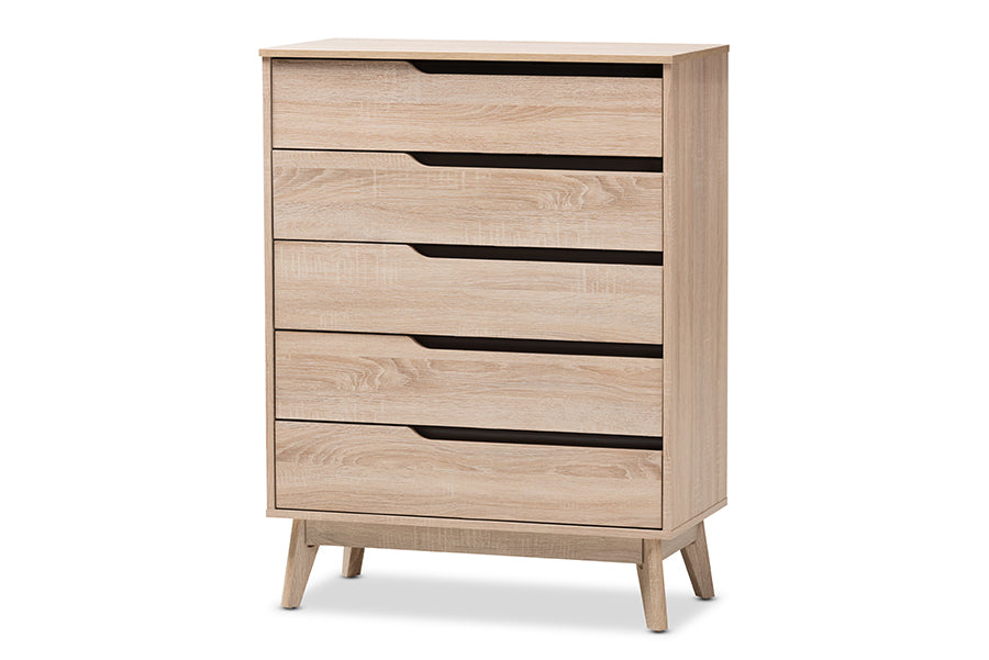 Fella Mid-Century Modern Two-Tone Oak and Grey Wood 5-Drawer Chest