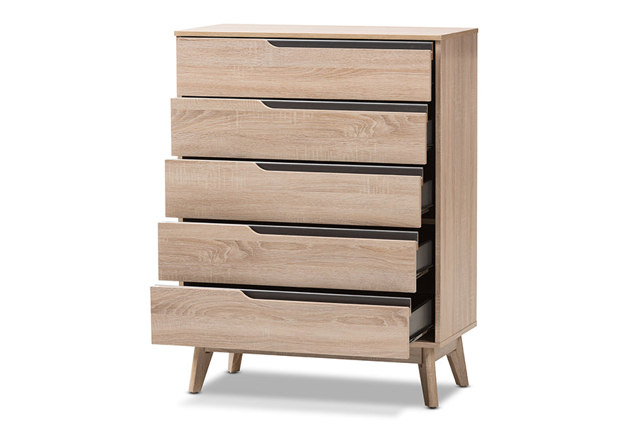 Fella Mid-Century Modern Two-Tone Oak and Grey Wood 5-Drawer Chest