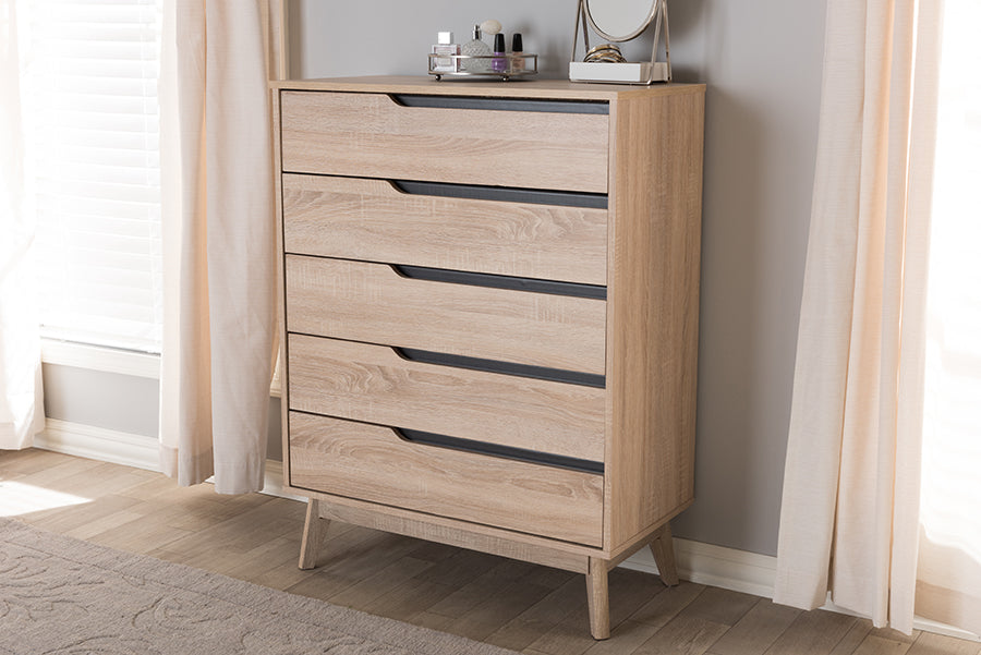 Fella Mid-Century Modern Two-Tone Oak and Grey Wood 5-Drawer Chest