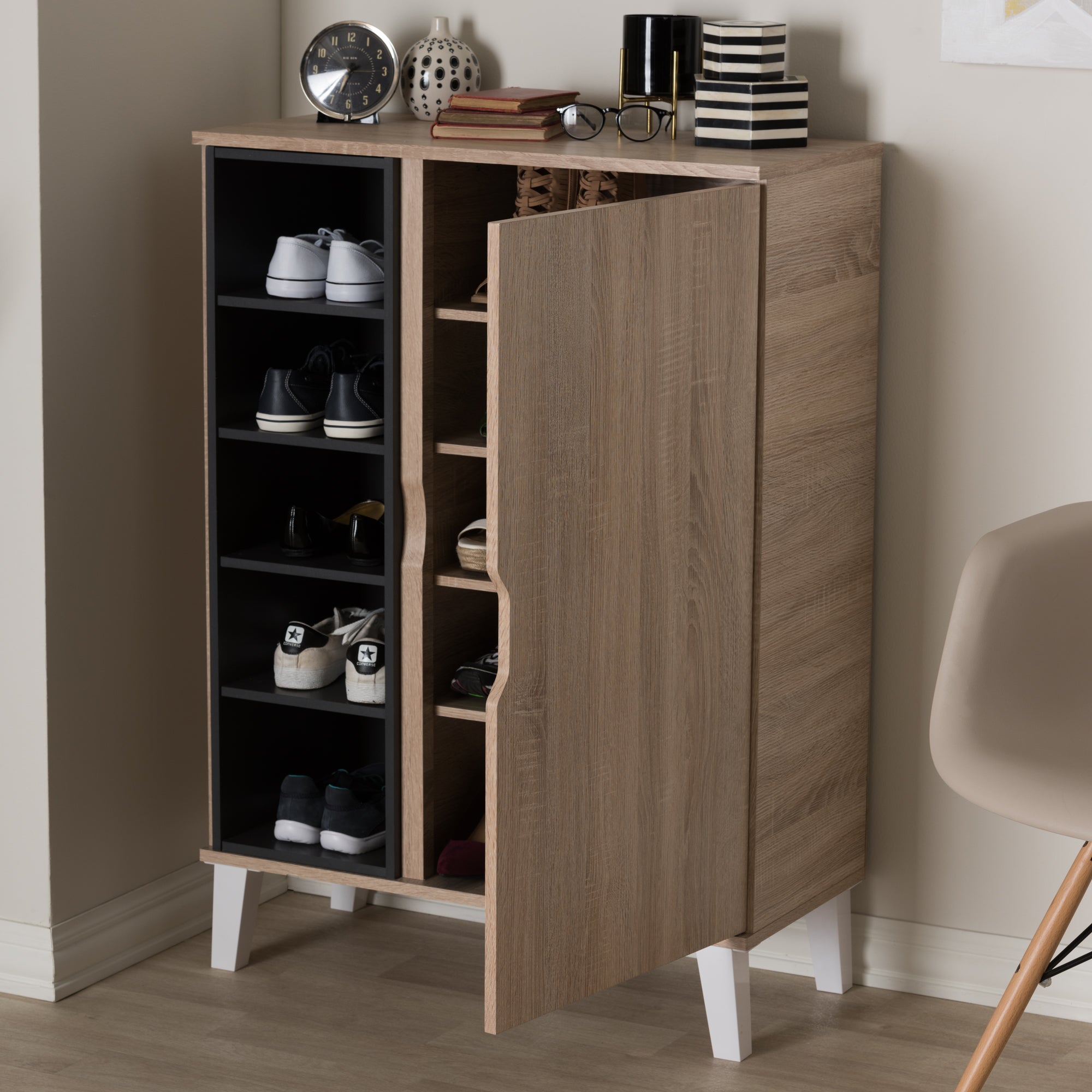 Adelina Mid-Century Modern 1-door Oak and Grey Wood Shoe Cabinet